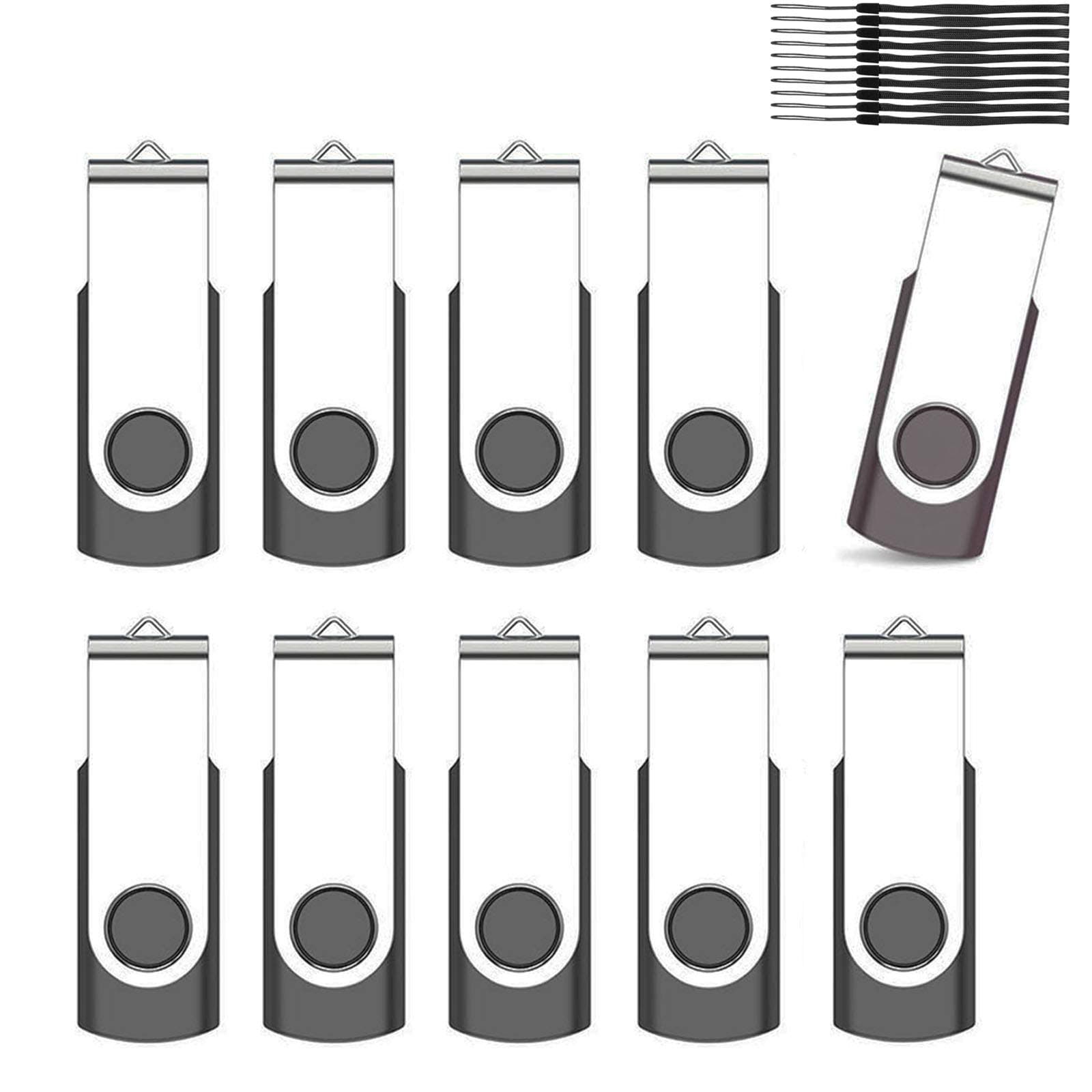 Kacai 10 Pack 1GB Memory Stick USB Stick 2.0 Flash Drive Swivel Thumb Design Pen Drive Data Storage(Black With Lanyard)