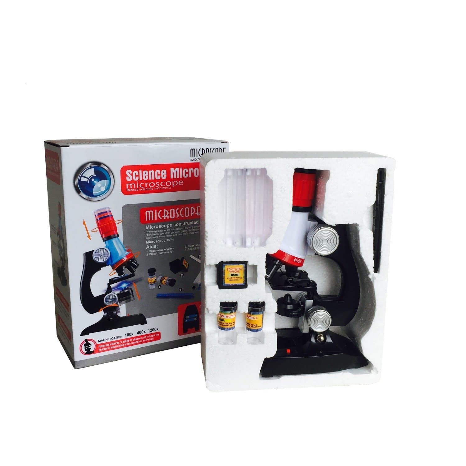 Science Kits for Kids for Children Scientific Instruments Microscope Beginner Microscope Kit LED 100X, 400x, and 1200x Magnification Kids Science Toys Red