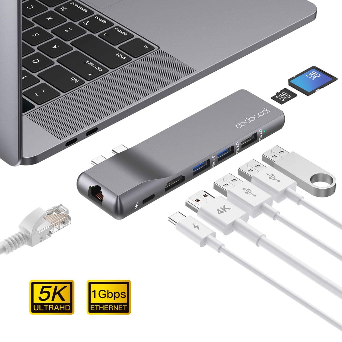 USB C Hub, dodocool MacBook Pro Adapter with 1Gbps Gigabit Ethernet, 4K HDMI, Thunderbolt 3 100W PD, 3 USB Port, 512GB SD/TF Card Reader Compatible with MacBook Air 2019/2018/ MacBook Pro 2019/2018
