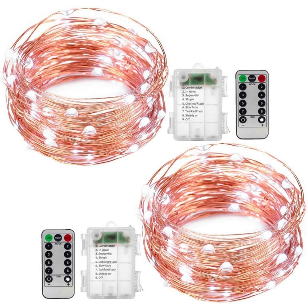 2 Pack Fairy String Lights Battery Operated Waterproof 8 Modes Remote Control 60 LED String Lights 20 Feet Copper Wire Firefly lights for Bedroom Wedding Party Dinner Festival Decor Cool White