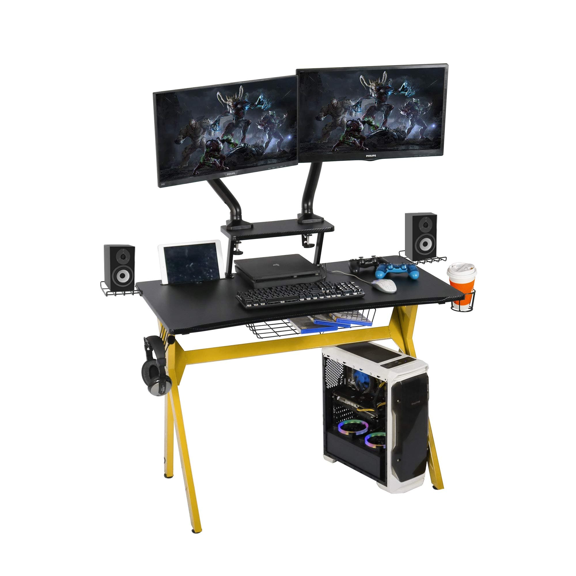 Gaming Desk Multi-Function Computer Gaming Table Racing Desk with Cup Holder and Headphone Hook for Home Office