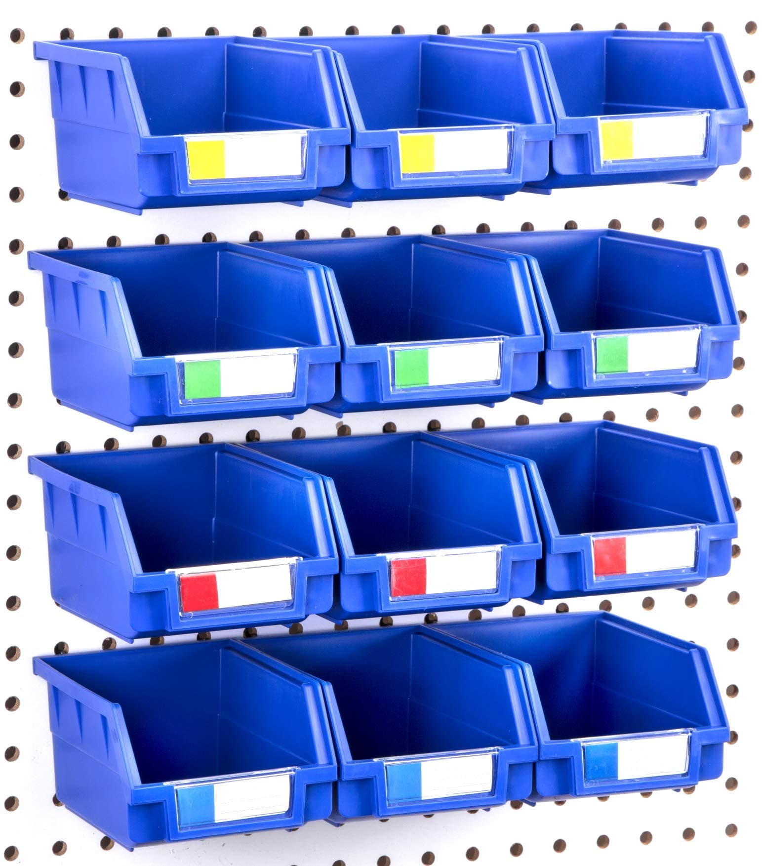 Pegboard Bins - 12 Pack Blue Large - Hooks to Any Peg Board - Organize Hardware, Accessories, Attachments, Workbench, Garage Storage, Craft Room, Tool Shed, Hobby Supplies, Small Parts