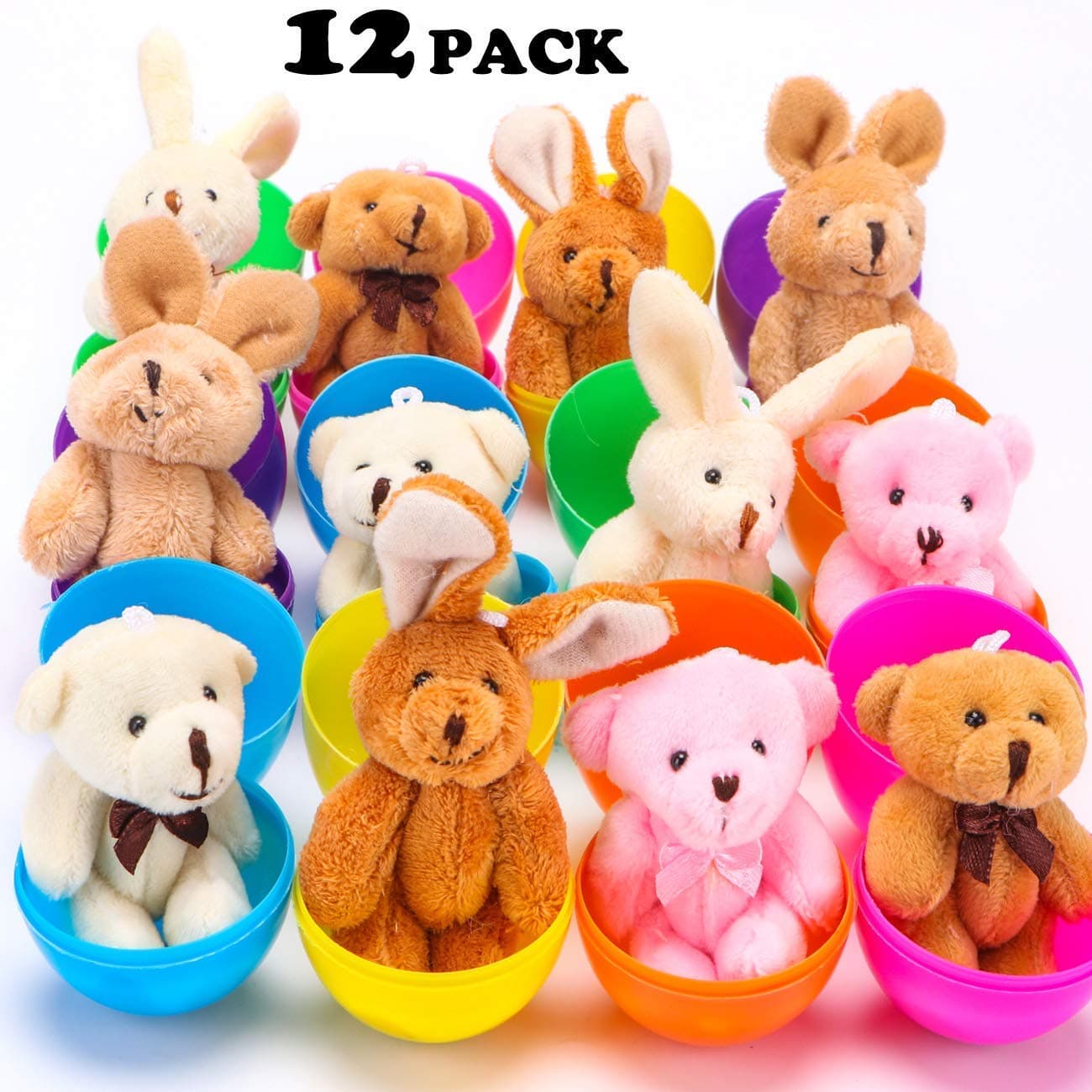NEWBEA 12 Pack Prefilled Easter Eggs with Stuffed Animals,3.15" Plastic Easter Eggs Filled with Toys,Perfect for Easter Eggs Hunt (12 pack)