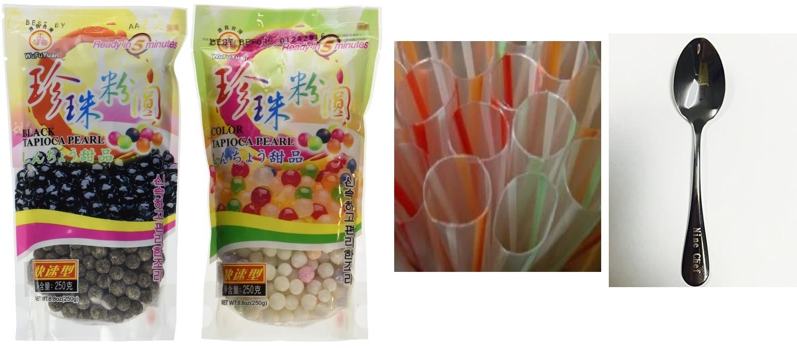 Wufuyuan - Tapioca Pearl (Black) - Net Wt. 8.8 Oz + Tapioca Pearl (multi-color) (8.8 Oz) + 150 Count EXTRA WIDE Fat Boba Drinking Straw 8 1/2" Striped. + One NineChef Spoon