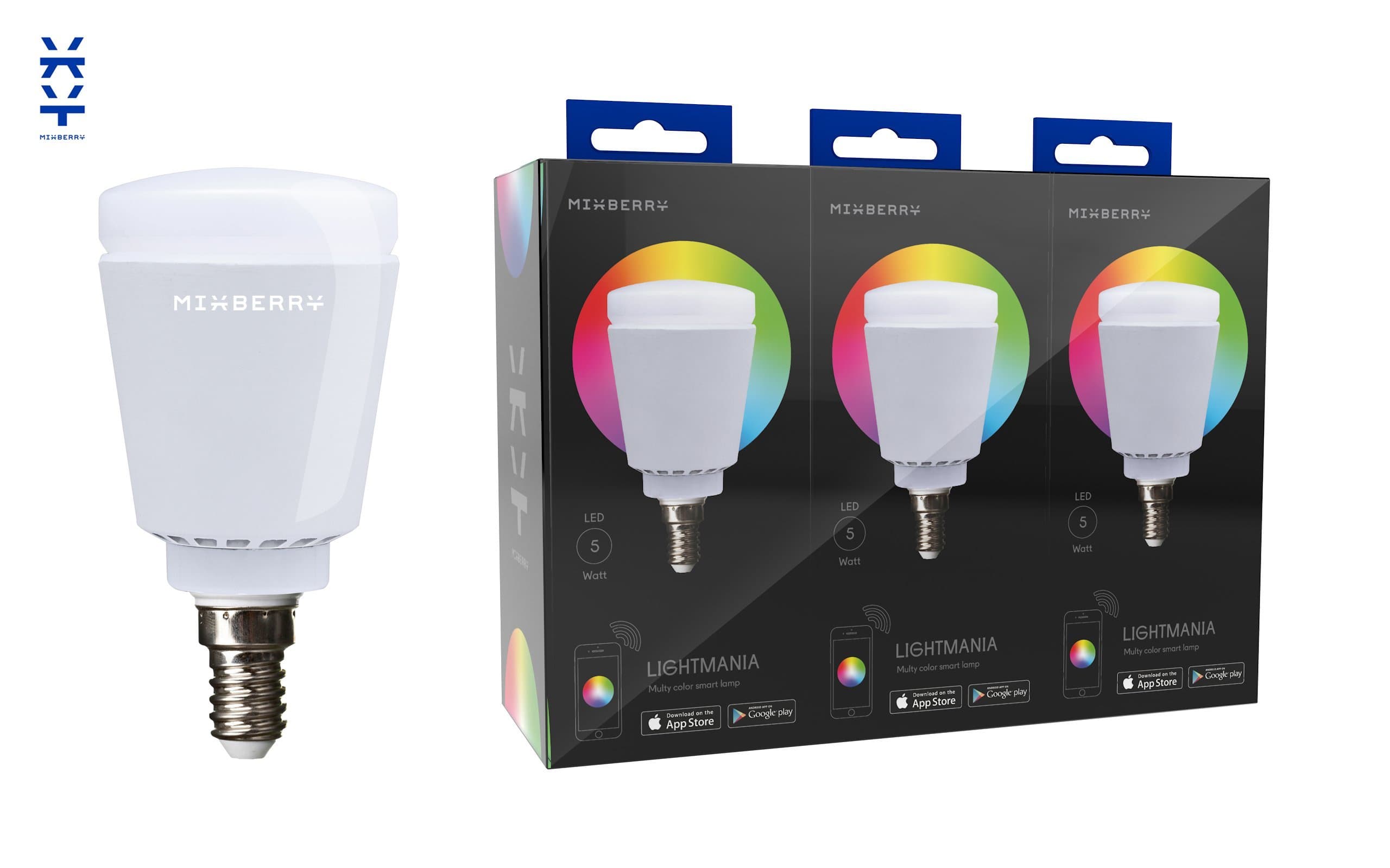 Bluetooth Smart LED Light Bulb by Mixberry - 3-Pack E14 Base - 16 Million Dimmable Colors - Features Sleep/Wake & Party Modes - Save 20% Compared to Purchasing Single Bulbs