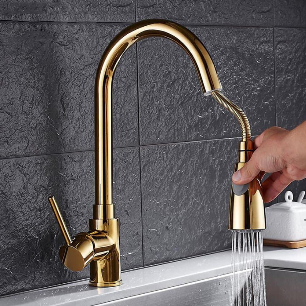 JRUIA Extendable Kitchen Sink Mixer Tap with Pull-out Dish Rinser 360° Swivelling Single Lever Mixer Tap Brass (Gold)