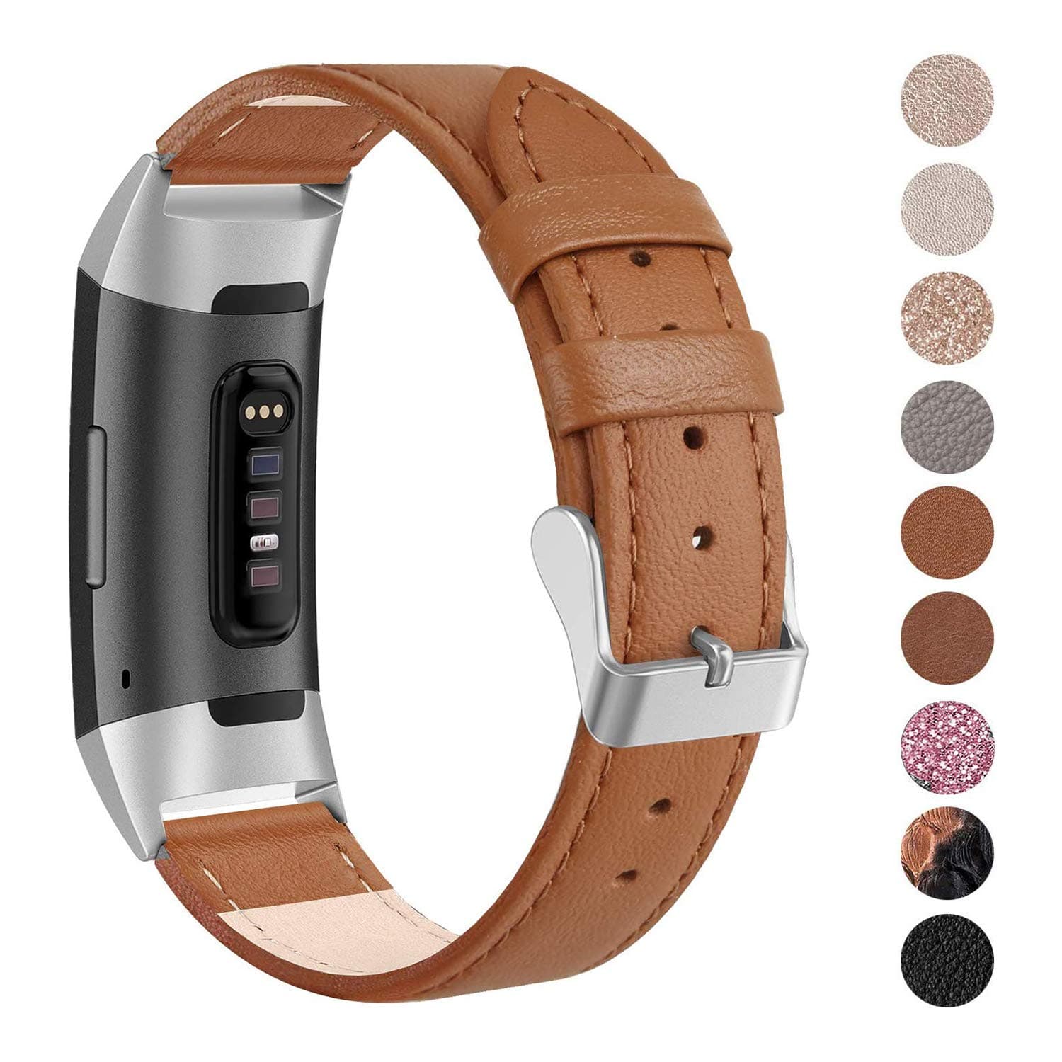 SWEES Leather Bands Compatible for Fitbit Charge 4, Charge 3 & Charge 3 SE Fitness Tracker, Genuine Leather Band Strap Wristband Replacement for Women Men Small Large, Black, Rose Gold, Beige, Brown