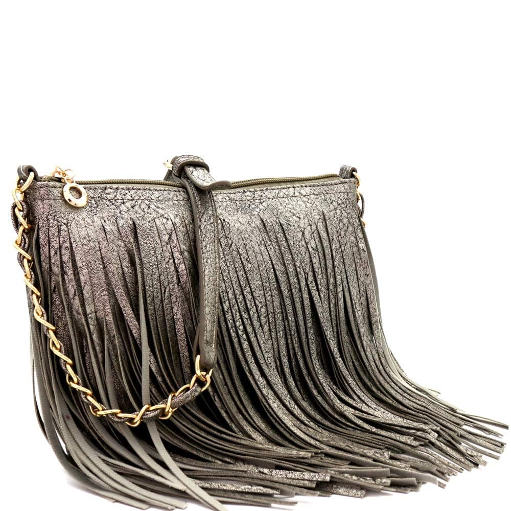 Front and Back Both Side Fringed Soft PU Leather Medium Long Cross Body Messenger Shoulder Bag
