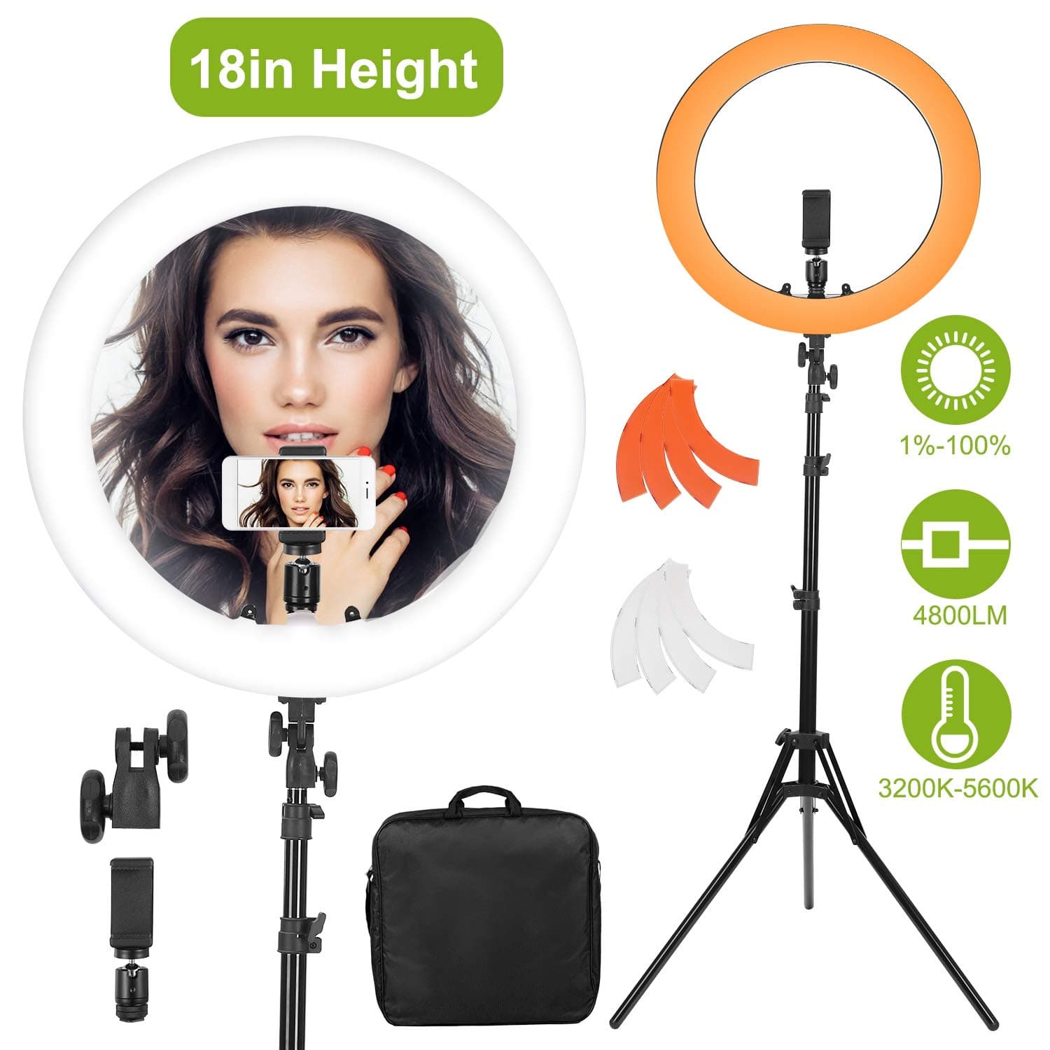 18 Inch LED Ring Light with Stand - Moclever LED Ring Light Kit with Tripod Stand for Phone and Camera, Dimmable 2700K-5500K, Carrying Bag for Camera, Smartphone,YouTube,Self-Portrait Shooting