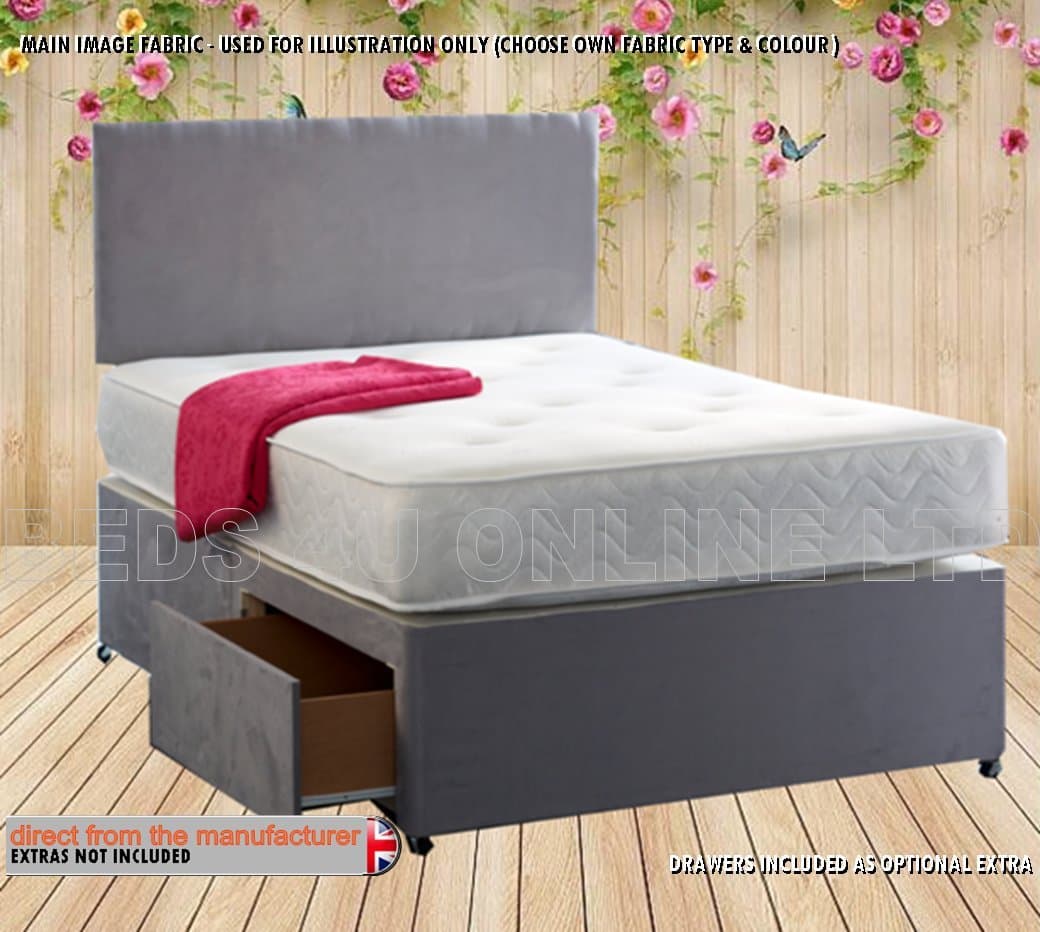 Designer Beeds 4 ft 6 Double Divan Bed Set - Headboard, Memory Foam Mattress, Divan Bed Base (Faux Suede Grey, No Drawers)
