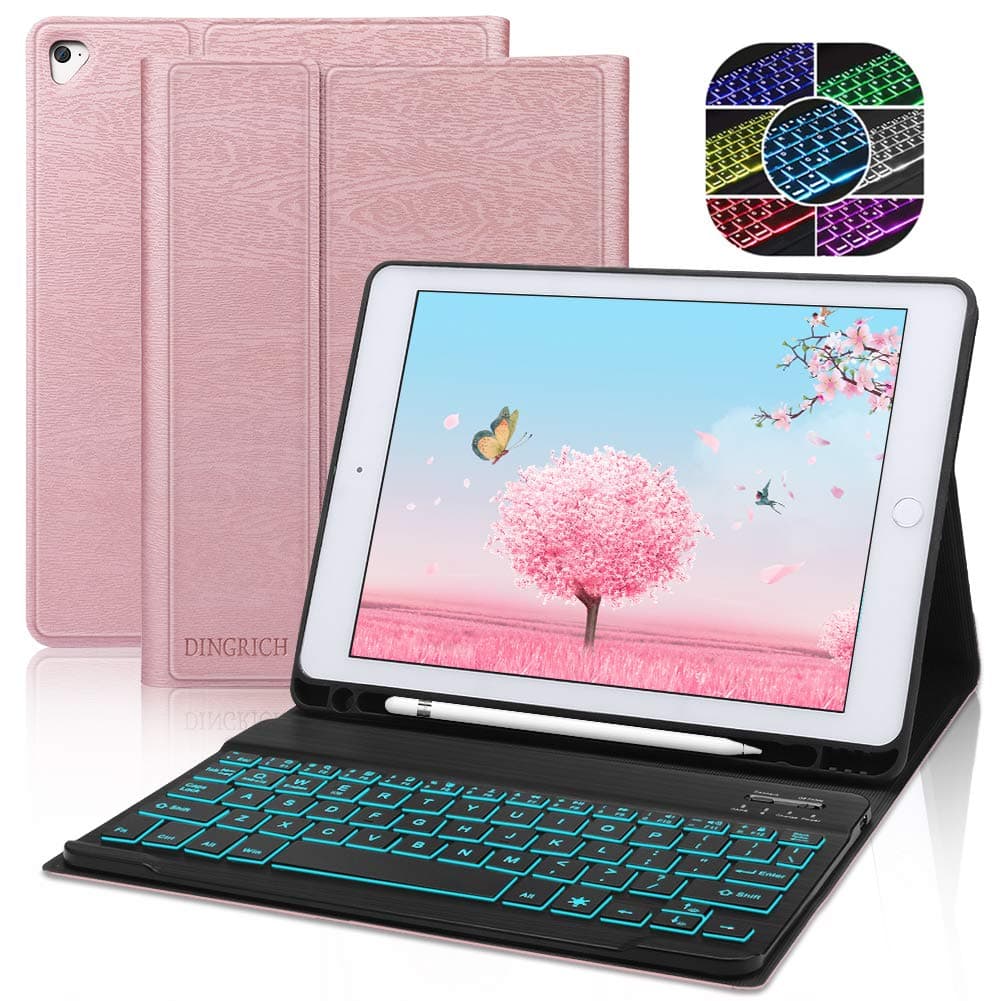 Keyboard Case for iPad 9.7 2017(Gen 5),Detachable Keyboard for iPad 9.7 2018 (Gen 6),Dingrich Bluetooth Wireless Keyboard Cover with 7 color Backlit for iPad Air/iPad Air 2 / iPad Pro 9.7,Rose Gold