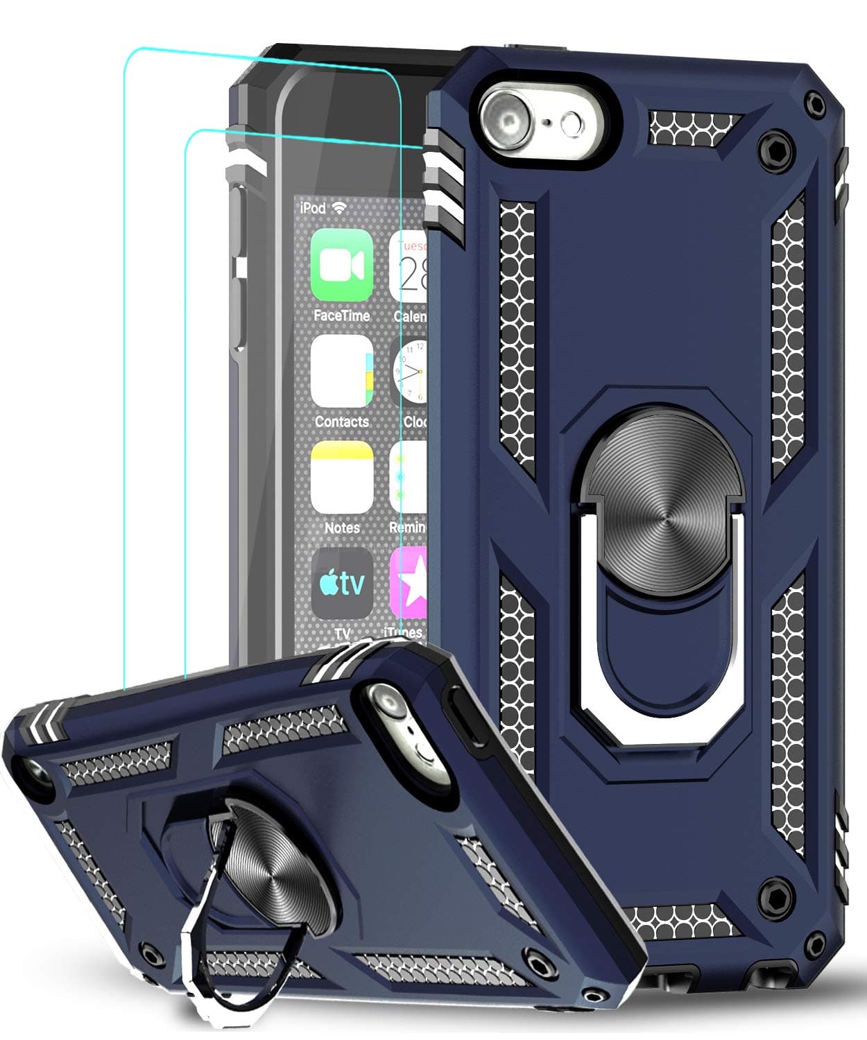 LeYifor iPod Touch 6th Generation Case, iPod Touch 7th Generation Case with [2Pack] Tempered Glass Screen Protector, Military Grade Phone Case with Ring Kickstand for Apple iPod Touch 7/6/5?Blue