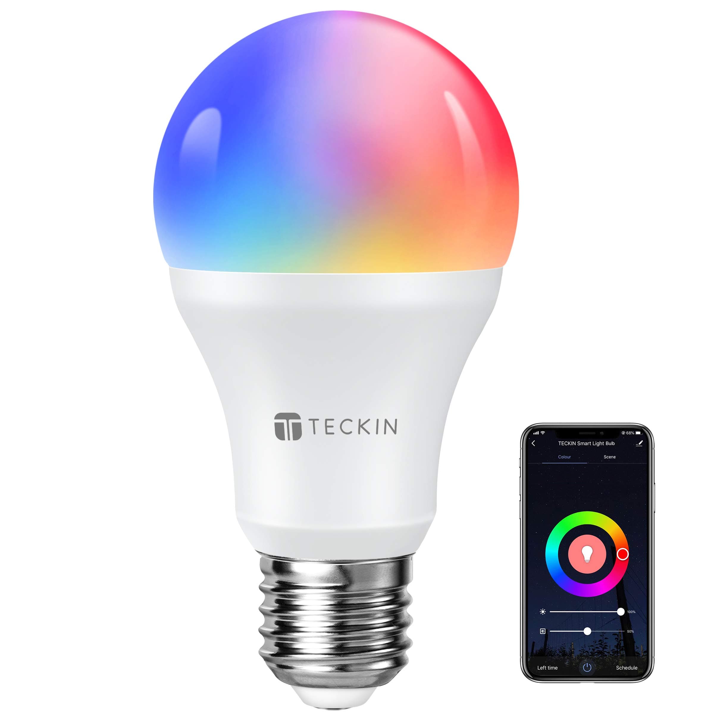 TECKIN Smart Light Bulb, E26 WiFi LED Bulb Work with Alexa&Google Home (No Hub Required), Dimmable RGBW 7.5W LED Color Changing Bulb, 75W Equivalent,16 Million Colors, 800 Lumen, 2700K-6500K, 1 Pack