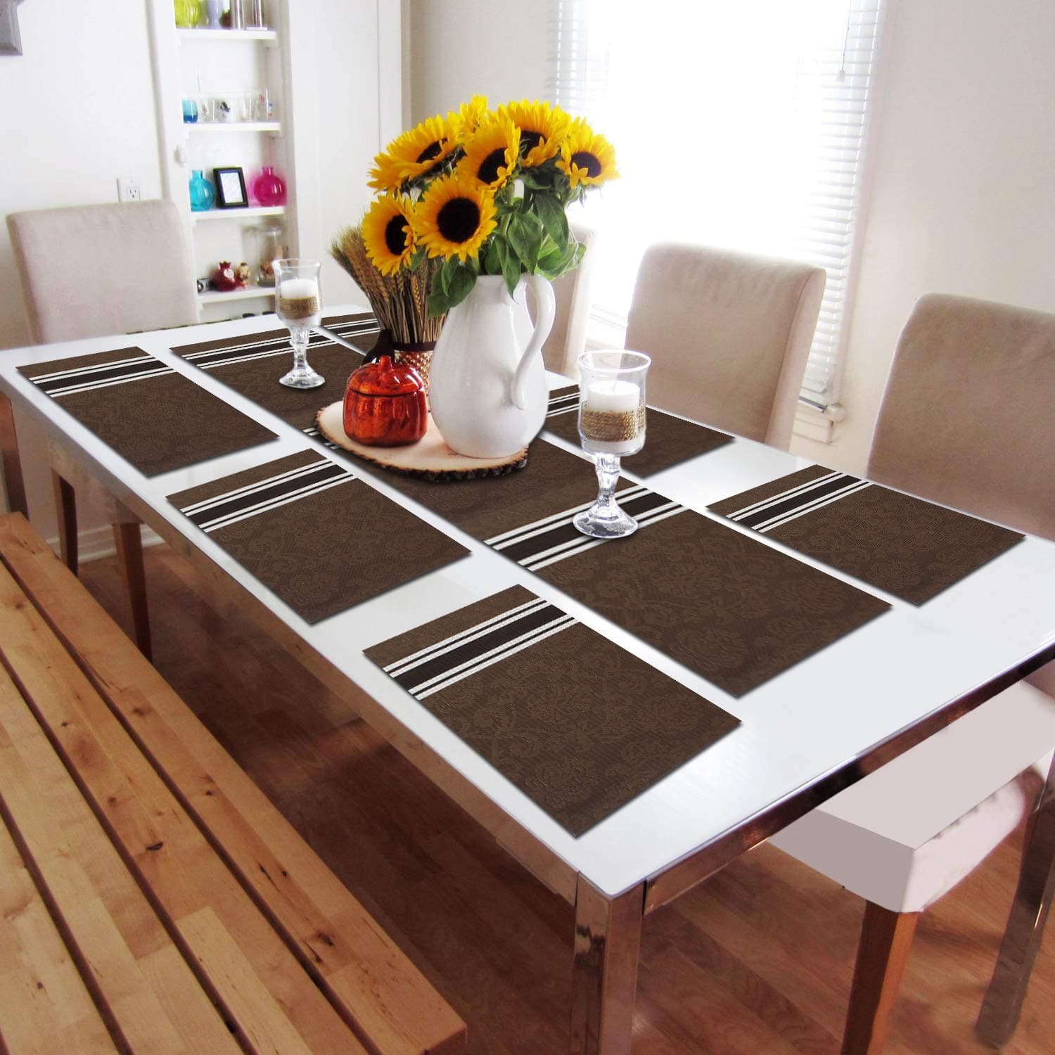 HOKIPO® PVC Table Mats for Dining Table with Runner, (6 Pieces Placemats + 1 Table Runner), Brown