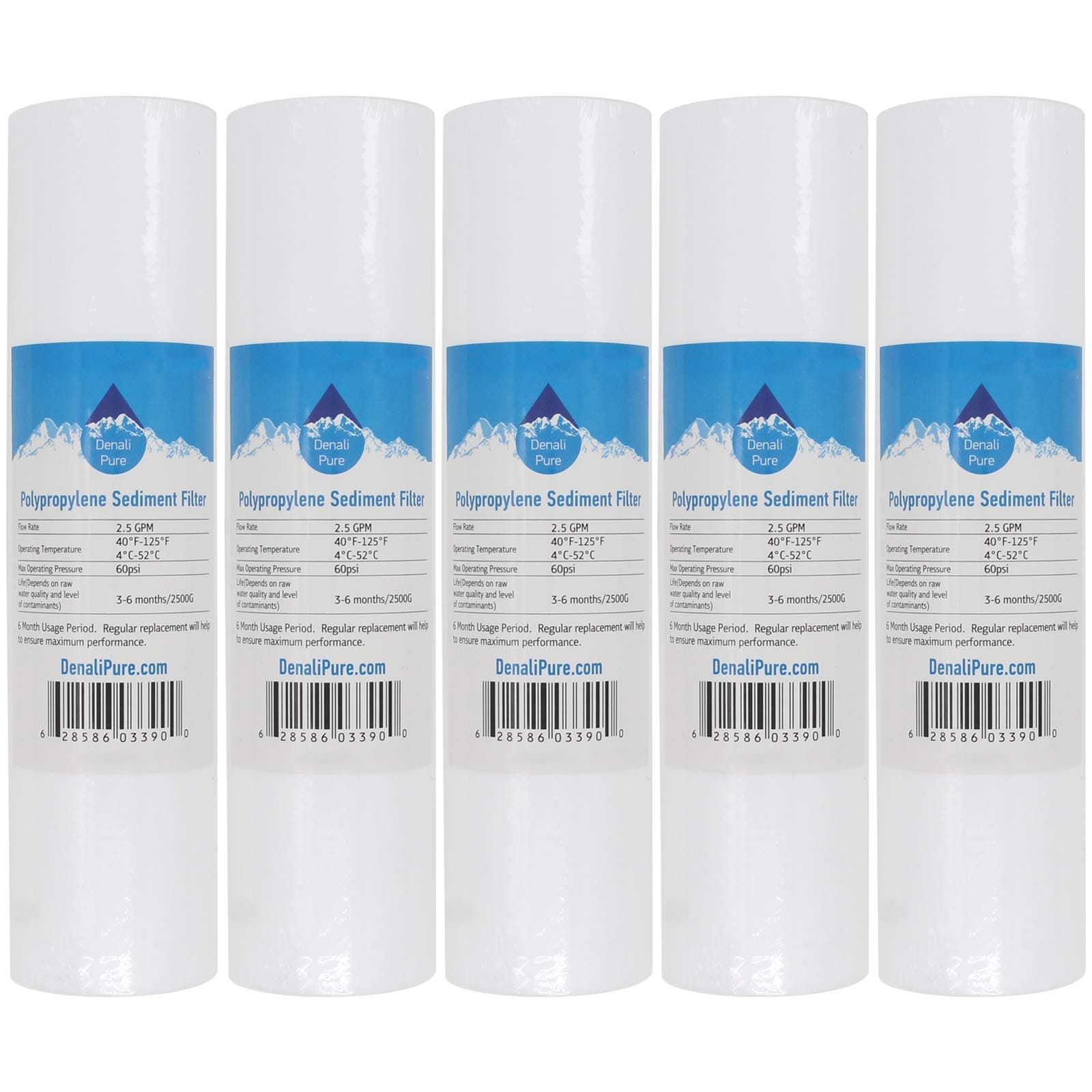 Denali Pure 5-Pack Replacement for Woder UDF 2-Stage Polypropylene Sediment Filter - Universal 10-inch 5-Micron Cartridge for Woder UDF 2-stage Undercounter Fluoride Water Filtration System Brand