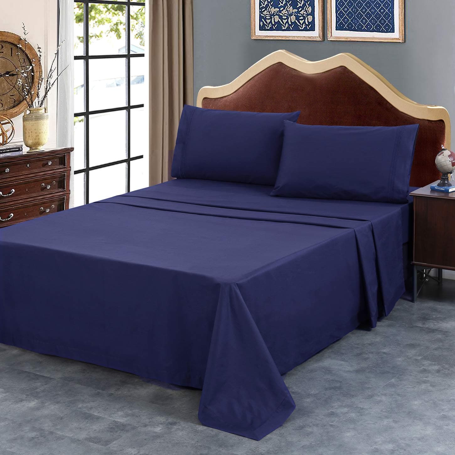 SUSYBAO Bed Sheets Set 4 Pieces Queen Size Bedding Set 100% Natural Cotton Navy Blue 1 Fitted Sheet with Deep Pocket 1 Flat Sheet 2 Embroidered Pillow Cases Premium Quality Soft Luxurious Comfortable