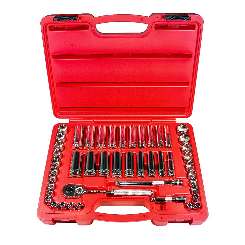 K Tool International 22047 Socket Set with 3/8" Drive for Garages, Repair Shops and DIY, Metric, SAE, 6-Point, Heat-Treated, Chrome Vanadium Steel, Molded Case, Pro-Ratchet, (2) Extensions, 47 Piece