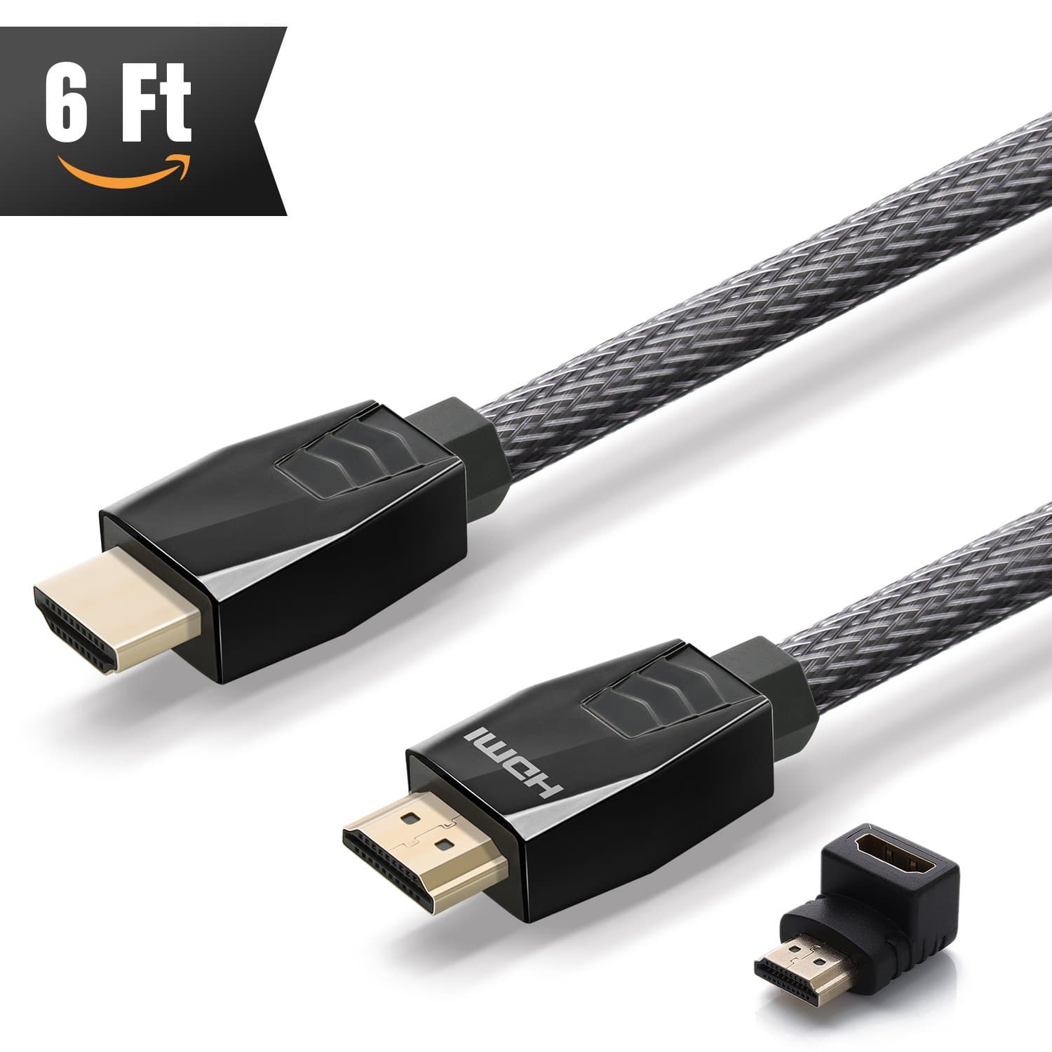 HDMI Cable 6 ft (The Highest Speed) 4K HDMI 2.0 Cord, Nylon Braided Cable 18Gbs Support Ethernet, ARC, UHD, 3D, HDR for 4K/HD TVs, PS4/3, Xbox one, PC, Displays and More + Right Angle Adapter