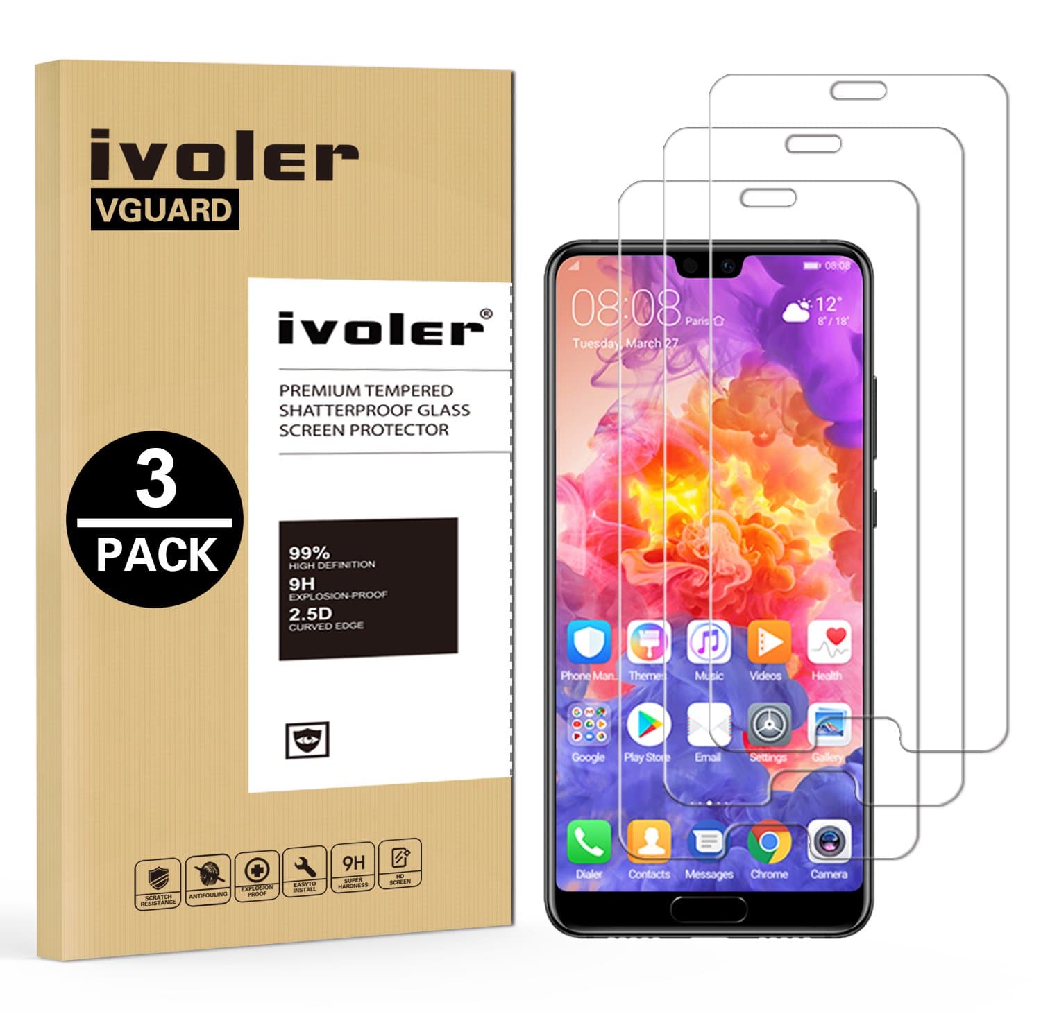 ivoler Compatible with Screen Protector Huawei P20 Pro, [3 Pack] Tempered Glass Film [9H Hardness] [Anti-Scratch] [Crystal Clear]