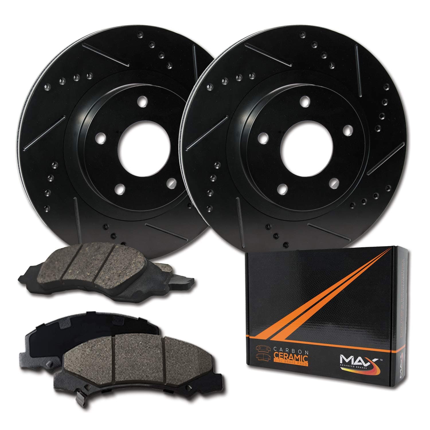 Max Advanced BrakesFront Brake Kit Compatible With 2013 2014 2015 2016 2017 2018 2019 2020-2023 Nissan Altima Sedan Replacement Drilled Slotted Black Coated Disc Brake Rotors and Ceramic Brake Pads