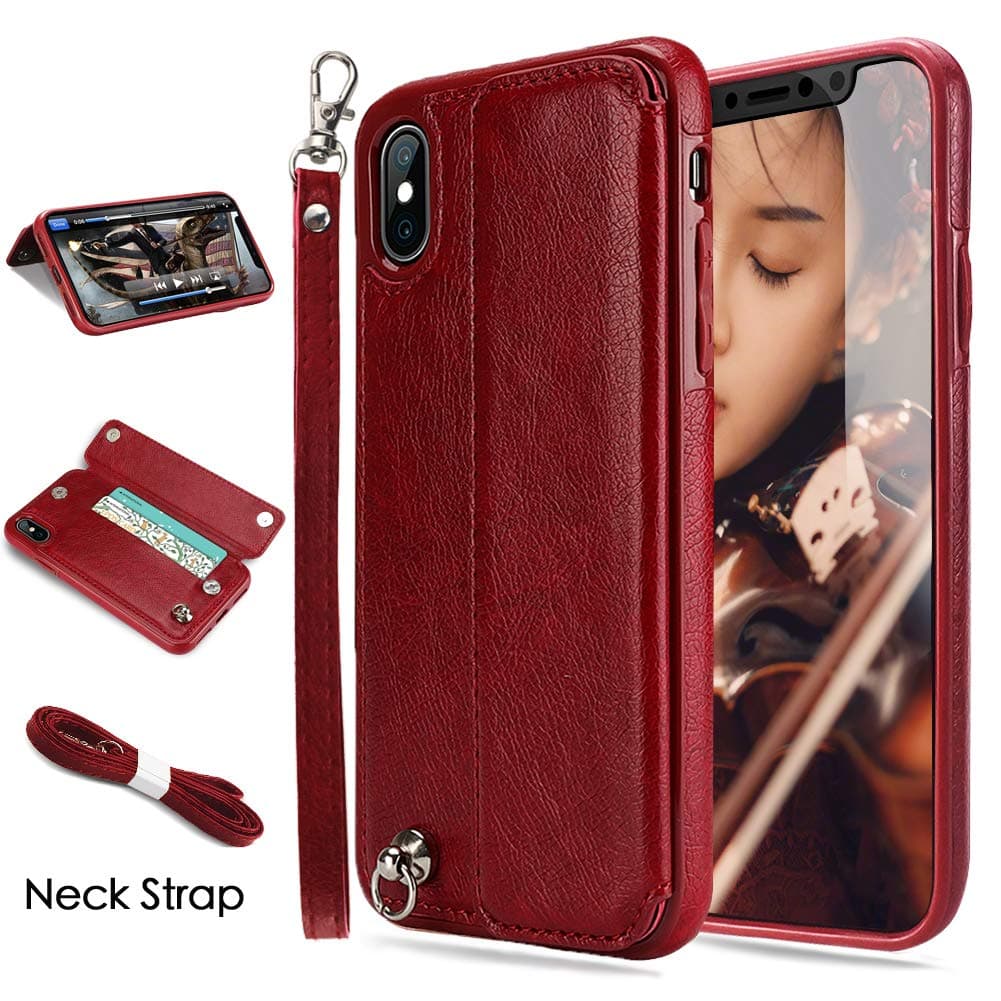 iPhone X Case,iPhone Xs Case,iPhone X&XS Wallet Case, CASEOWL iPhone X&XS Case Wallet Leather Flip Card Slot Holder,Wristlet,Neck Strap,Kick-Stand,Shockproof Slim Case for iPhone X/XS/10/10S-Red