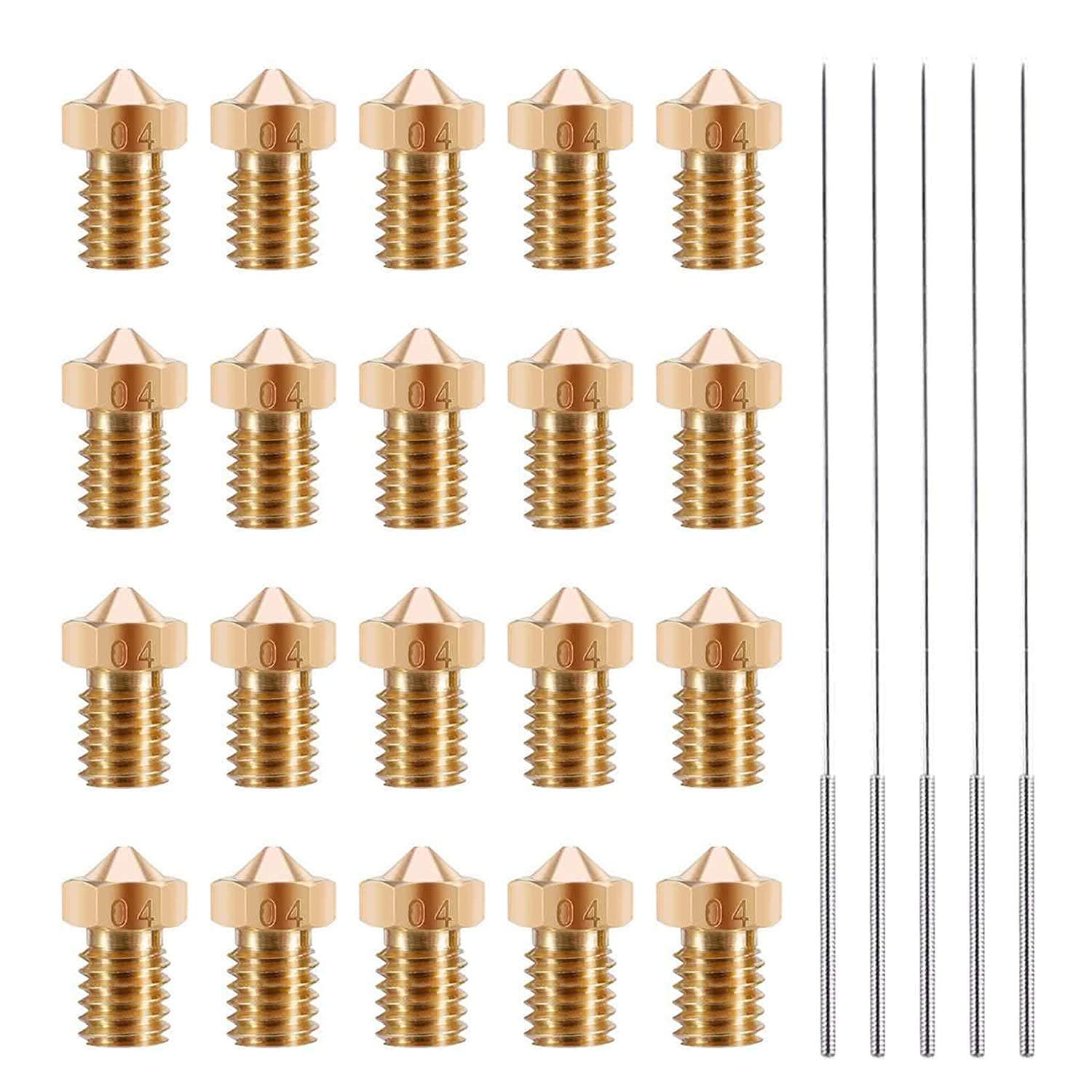 20 pcs M6 3D Printer extruder Brass 0.4 mm Nozzle Printhead Nozzle for e3d v6 MakerBot (Lulzbot, Ultimaker, Puls, Robo, Makebot etc.), Bonus 5 pcs Cleaning Needle