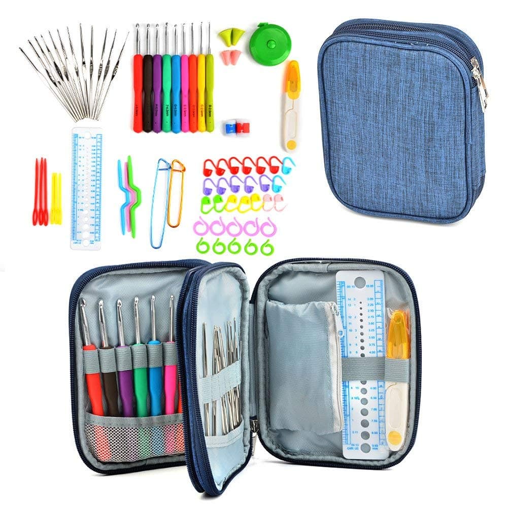 Aeoss 72Pack Ergonomic Crochet Kit, Soft Grip Crochet Hooks 2-6mm, Aluminum Knitting Needle 0.6-1.9mm, Complete Accessories with Double Zipper Case