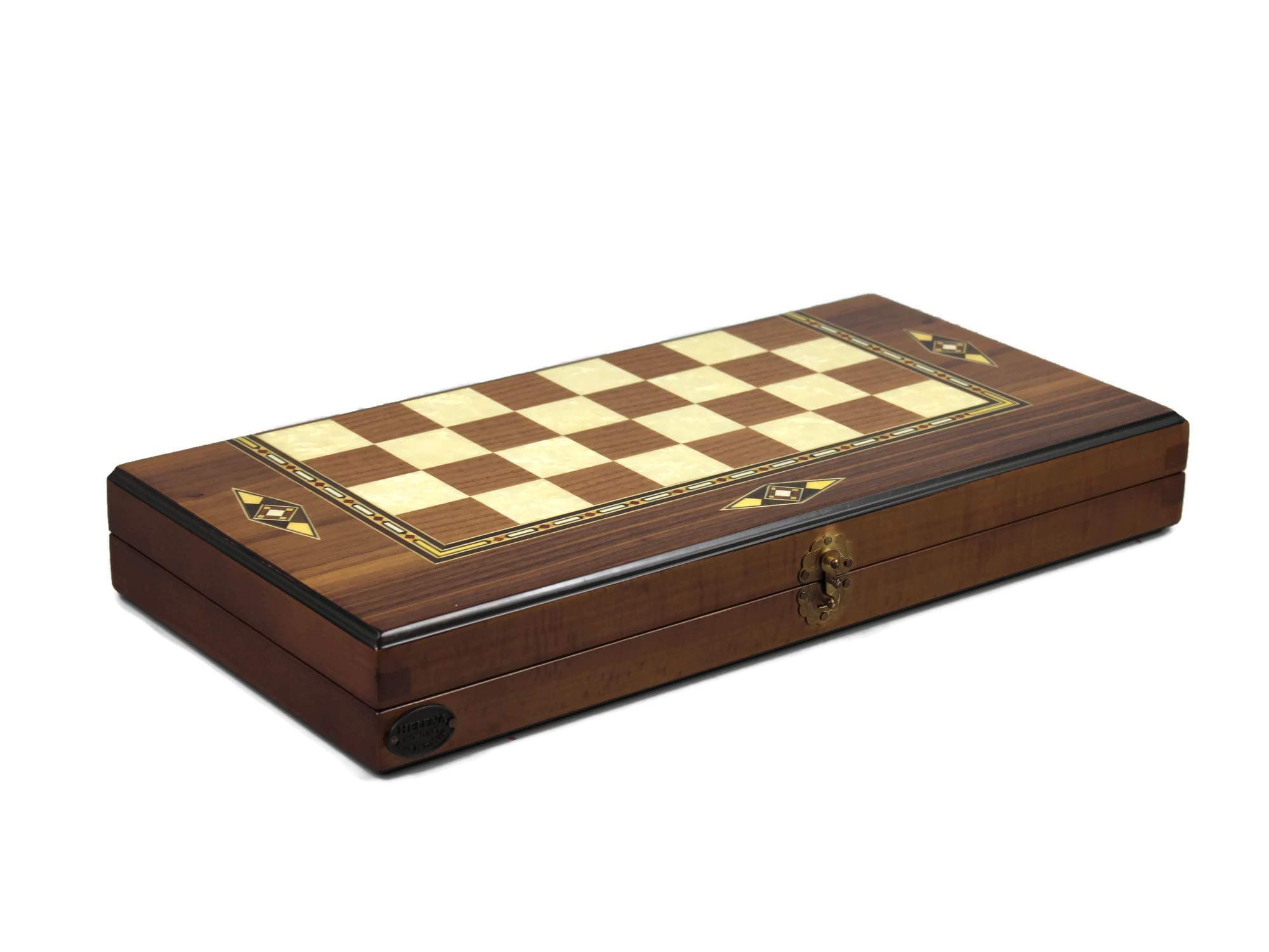 Chessgammon BACKGAMMON SET HAND CRAFTED SOLID WALNUT WOOD"HELENA WOOD ART" BACKGAMMON SET WITH MOTHER OF PEARL 17" SOLITAIRE- 2233W