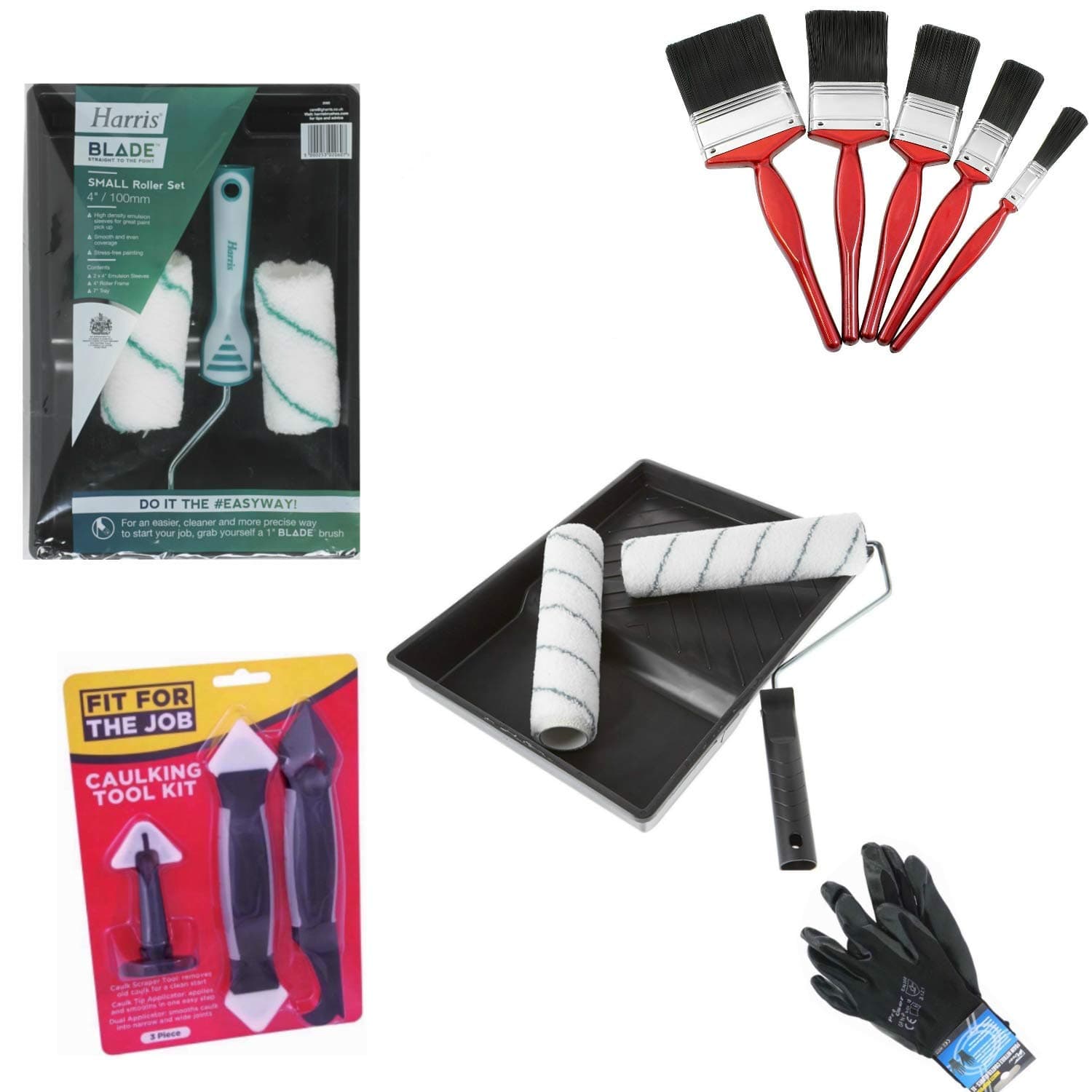 Decorating Kit Paint Roller Set - 9" Roller Set With 2 Sleeves, 4 inch Harris Blade Roller Set With 2 Sleeves, Decorators Caulking Tool Kit, Dekton Professional Paint Brushes (5 Set) & Painting Gloves