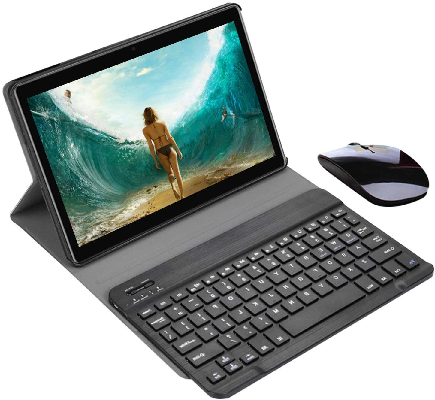 10.1" Tablet Android 8.1 with Bluetooth Keyboard, Dual SIM-Free Unlocked Tablet PC, 3GB RAM + 64GB ROM, Quad-core Processor, IPS HD Screen, BT4.0, Google Play, Wireless Mouse (Black)