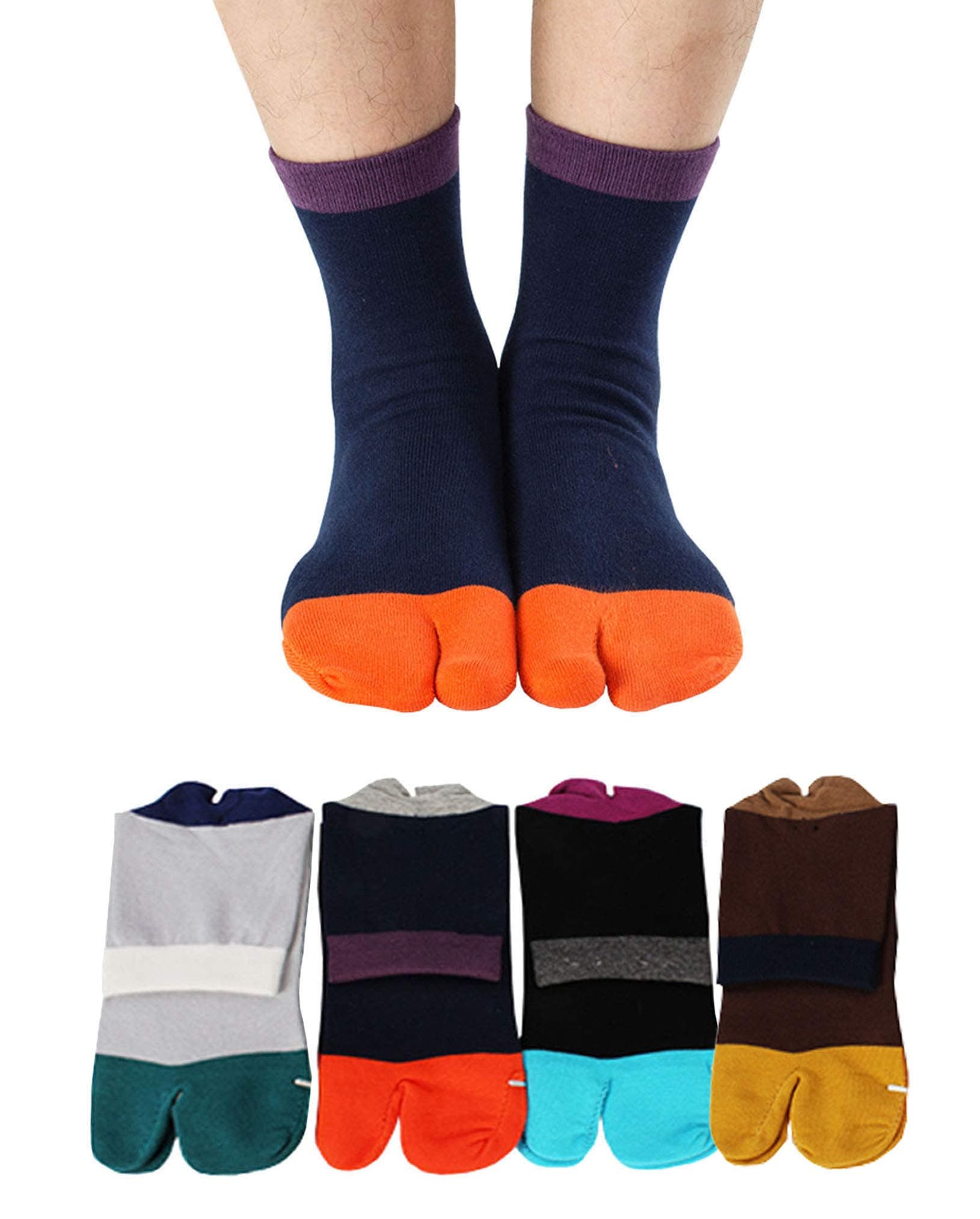 Men's Tabi Socks Flip Flop Split Toe Big Toe Cotton Crew Grip Athletic 4 Pack