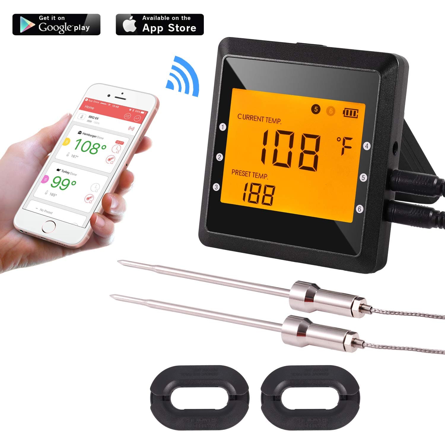 Bluetooth Meat Thermometer 2 Probe, Digital Wireless Thermometer, 180° WideView & Smart Remote APP Control, Food Grill BBQ Thermometer for Grilling Cooking Smoking