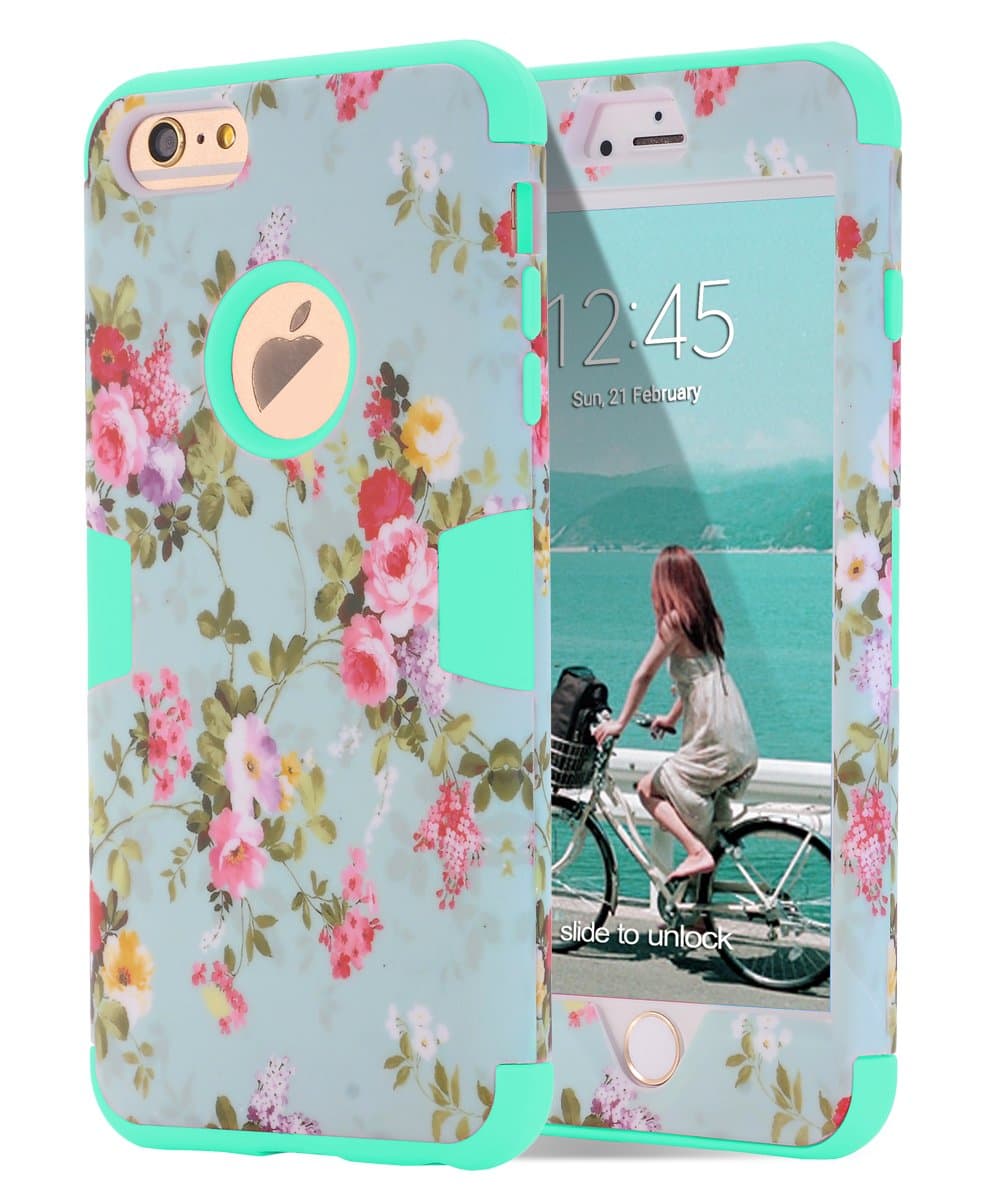 iPhone 6s Plus case, iPhone 6 Plus case Flower, TOPSKY [Love Flower Series] Three Layer Heavy Duty High Impact Resistant Hybrid Protective Cover Case for iPhone 6/6s Plus (Only for 5.5"), Mint