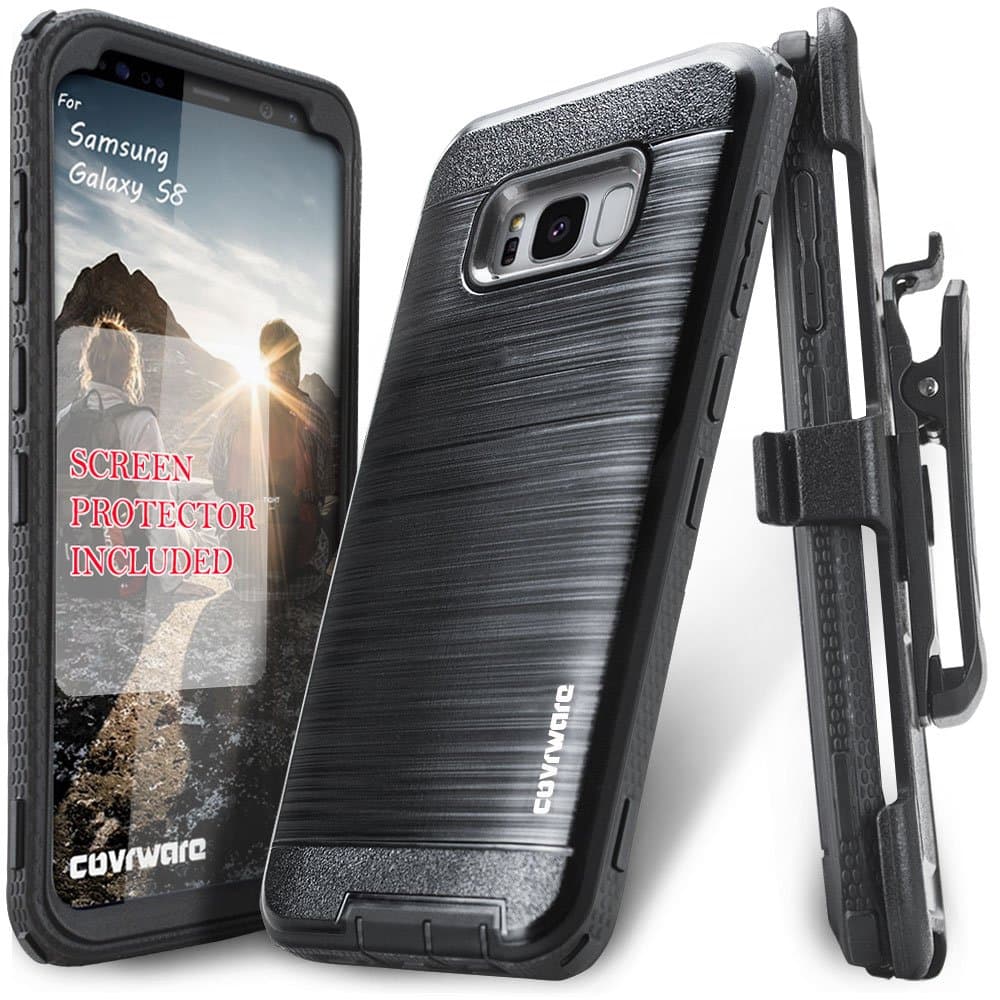 Galaxy S8 Case, COVRWARE [Iron Tank] + [Screen Protector] Heavy Duty Full-Body Rugged Holster Armor [Brushed Metal Texture] Case [Belt Clip][Kickstand], Black