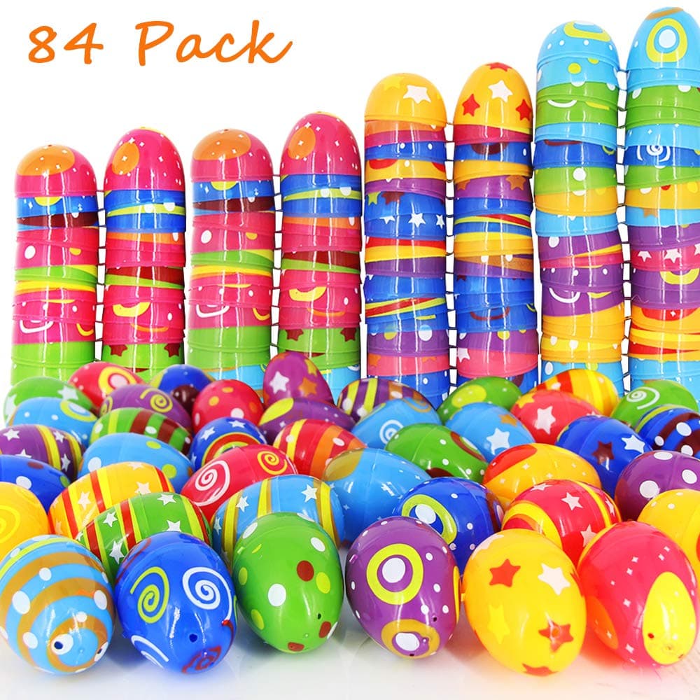 MeiGuiSha 84PCS Plastic Colorful Printed Bright Easter Eggs-2.5” tall Fillable Printed Easter Eggs for Easter Hunt Party Favor,Basket Stuffers Fillers, Classroom Prize Supplies