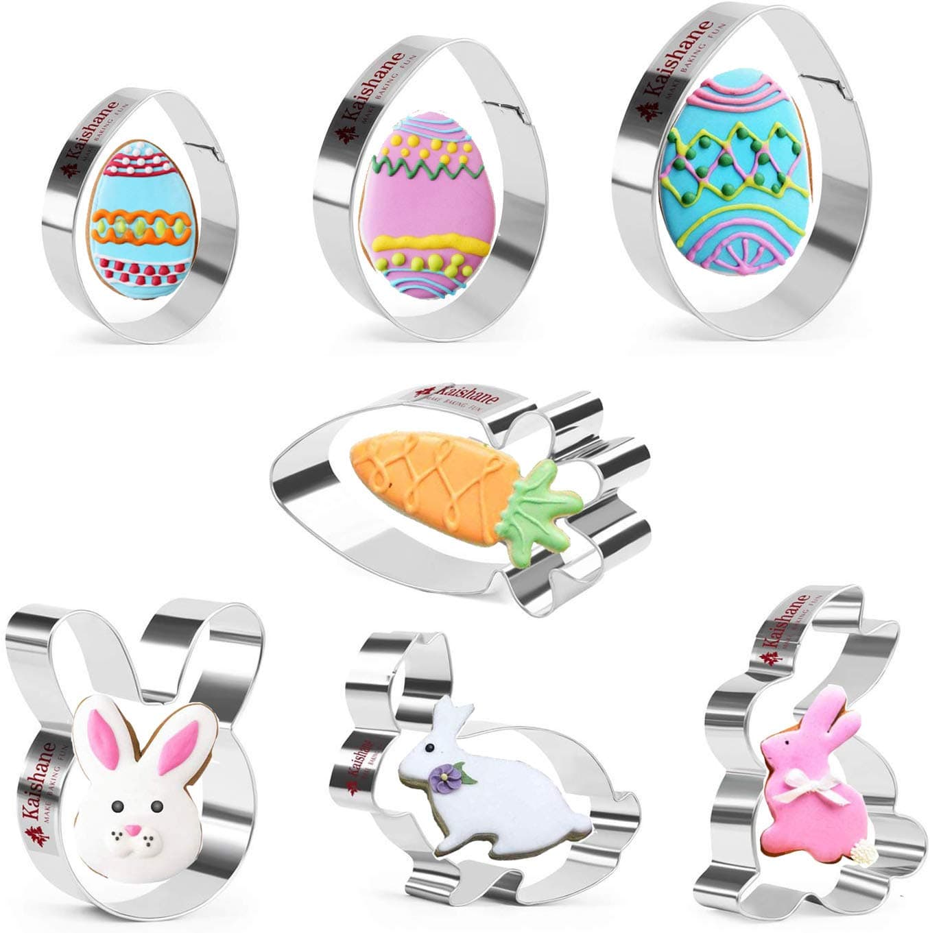 KAISHANE Easter Cookie Cutters Set – Eggs, Carrot, Rabbit Face, Bunny Shapes Biscuit Cutters 7 Pieces Stainless Steel for Baking