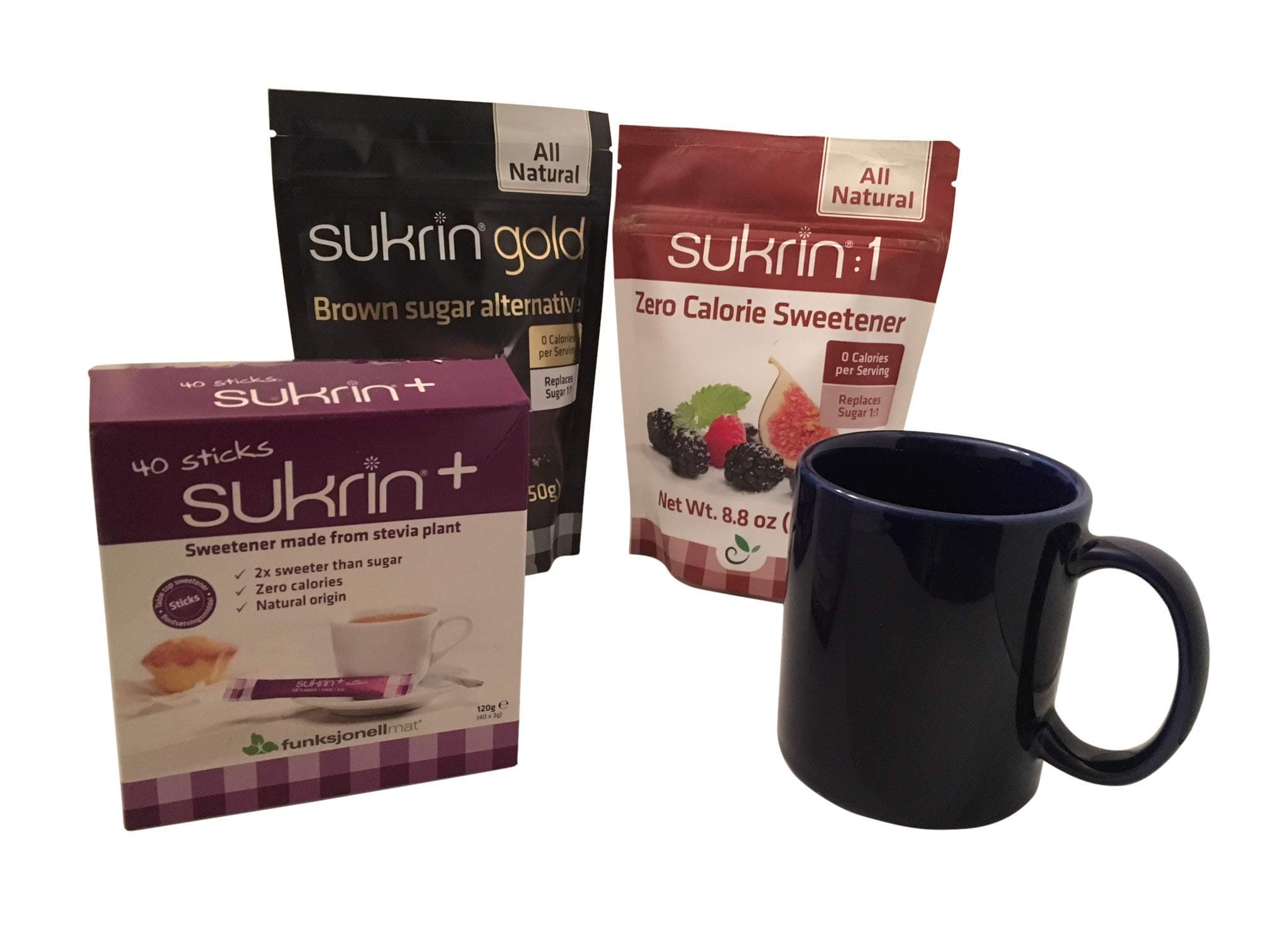 Sukrin Sugar Substitute Samples Coffee Kit includes Sukrin Gold, Sukrin:1, Sukrin +, Sukrin Sticks and a Coffee Mug