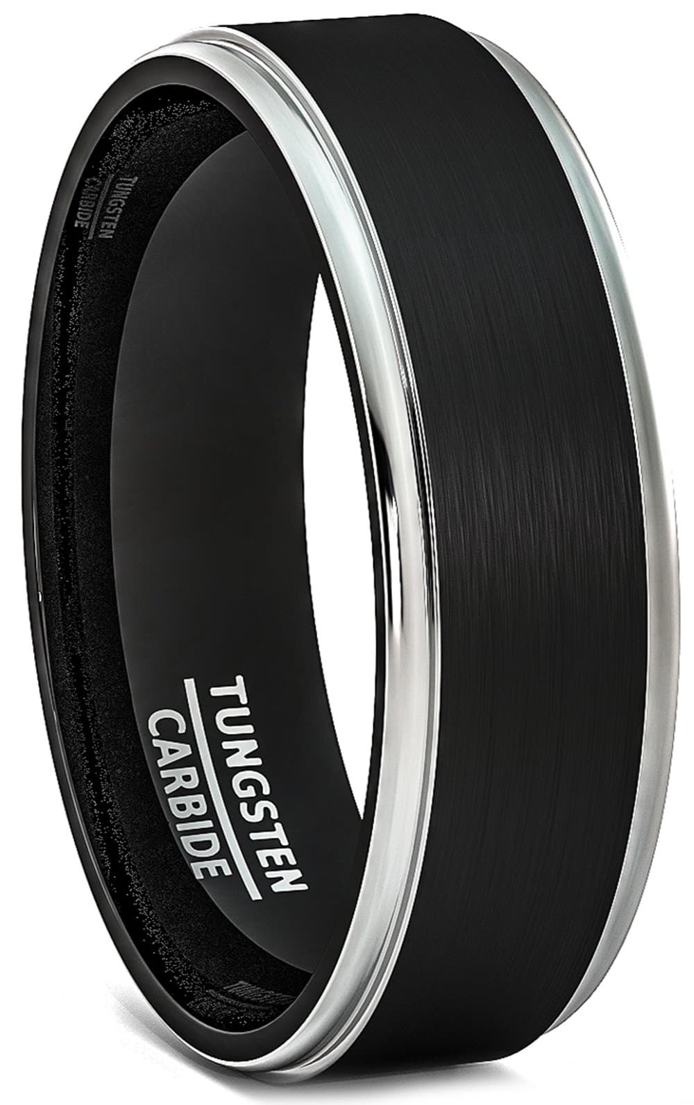 Duke Collections 6mm Black Tungsten Ring Brushed Silver Step Edge Comfort Fit