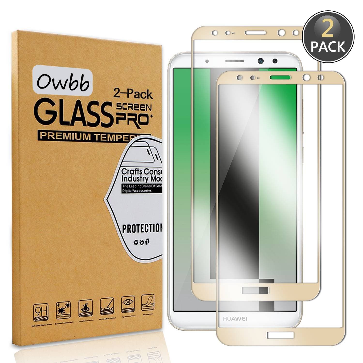 Owbb [2 Pack] Tempered Glass Screen Protector For Huawei Mate 10 Lite Gold Full Coverage Film 99% Hardness High Transparent Explosion-proof