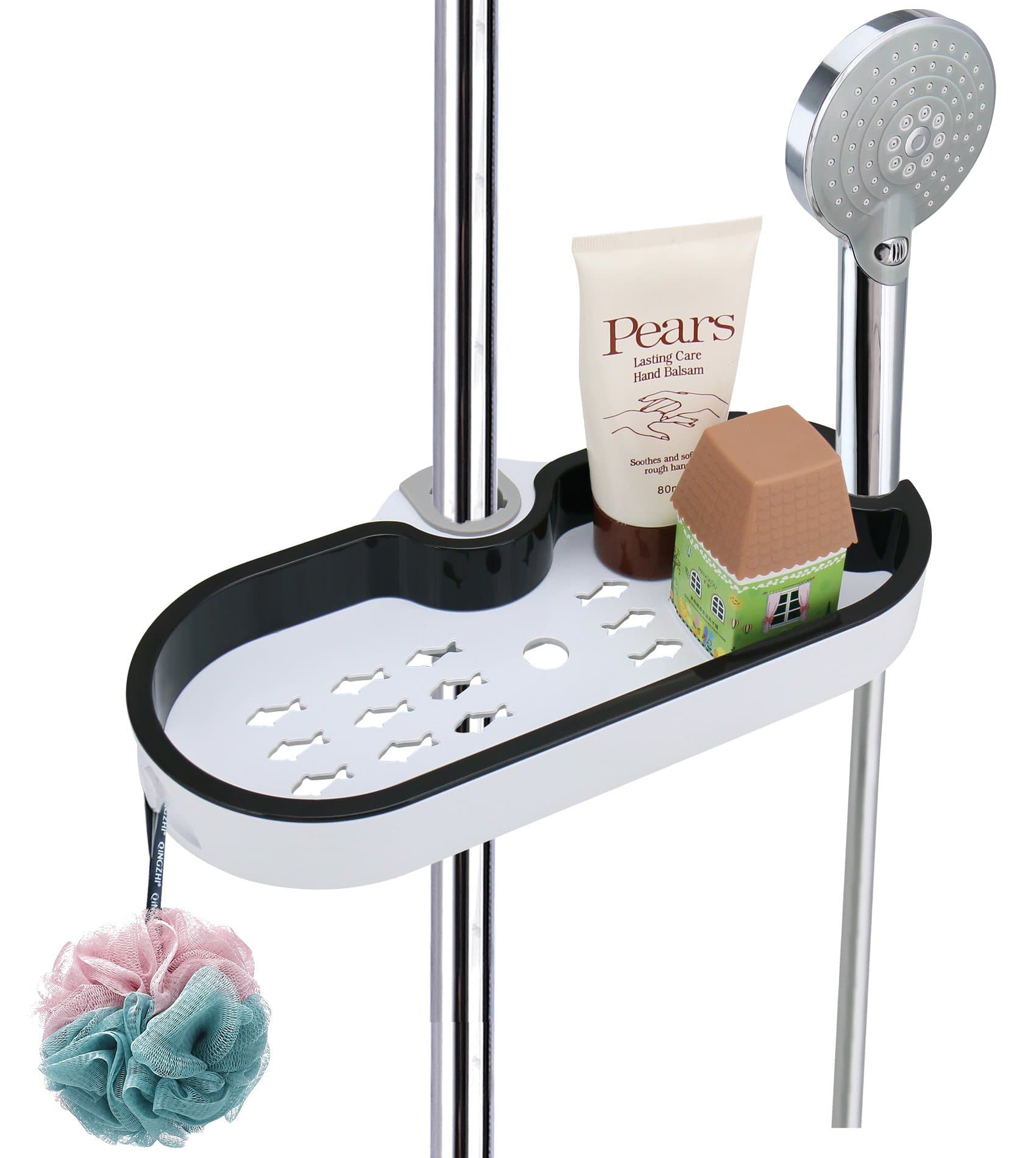 LEEFE Adjustable Shower Caddy Bath Shelf Rack Organizer with a Hook Storage Basket for Bathroom Soap Shampoo Conditioner Tidy, NO Drilling Wall Mounted - Suit for 20.5mm - 25mm Rail