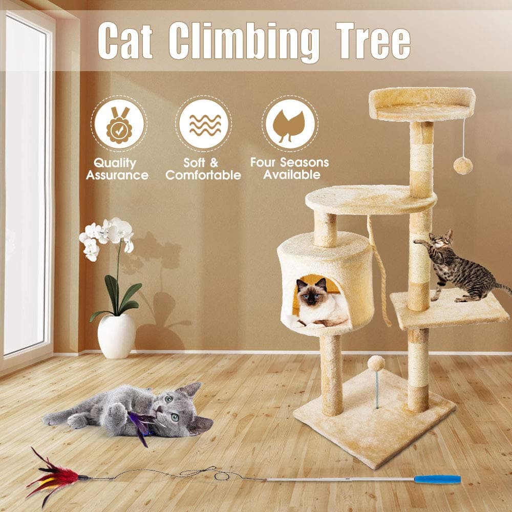 Cat Condo Cat Tree Multi-Level Cat Tower with Cat Wand,Pet Cat Climbing Platform Kittens Play House with Scratching Posts, Moving Mouse (43.3 Inch)