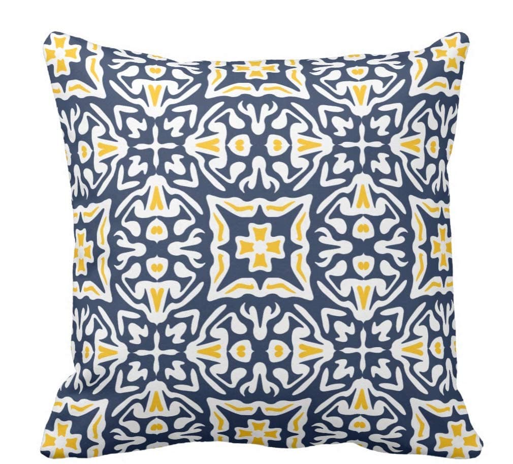 Navy and Yellow Mediterranean Tile Pattern Throw Pillow Cover Square 18 x 18 Inches Wedding Pillow Case Cover Cushion Cover for Sofa