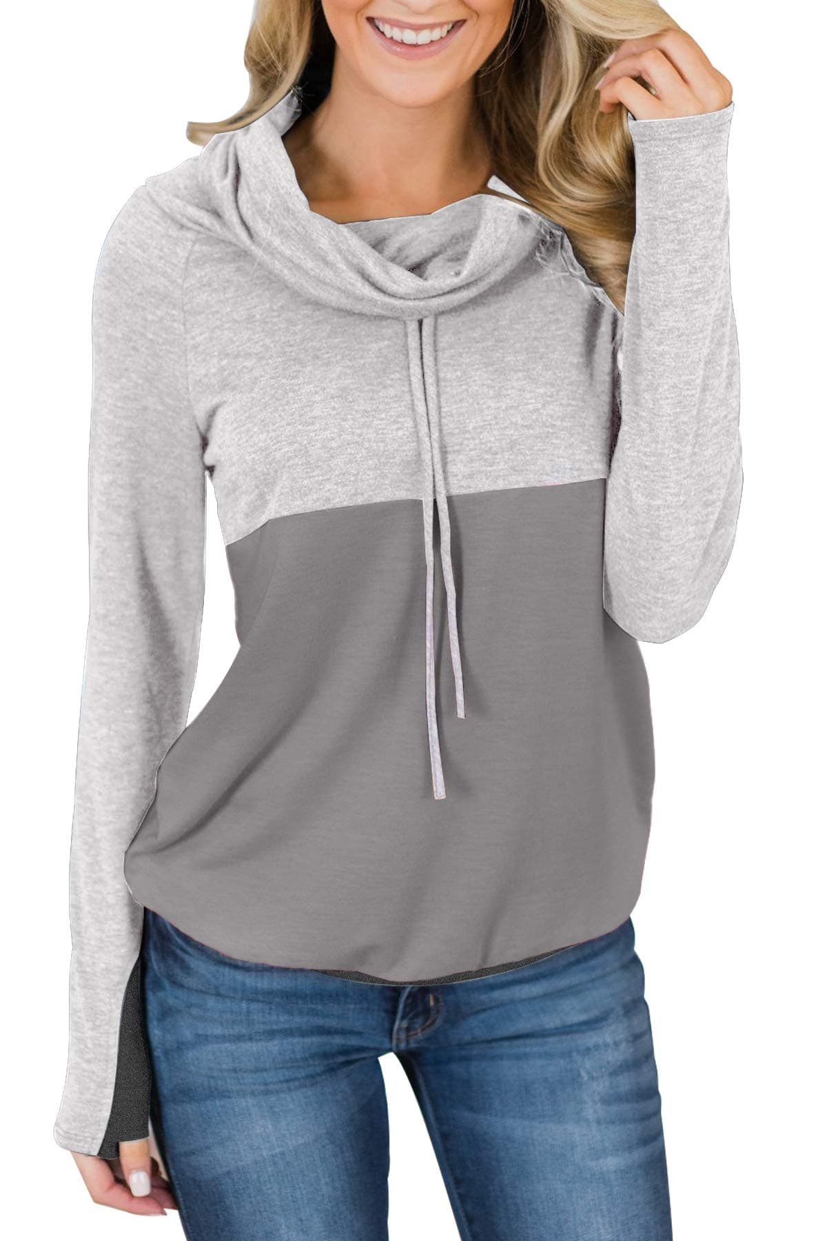 Women's Cowl Neck Color Block Loose Pullover Sweatshirt with Drawstring