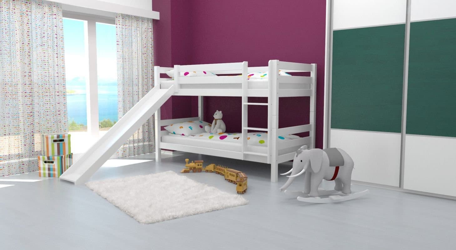 Bunk Bed David, with Slide, Solid Beech Wood, White Painted, incl. slatted Frame - 90 x 200 cm