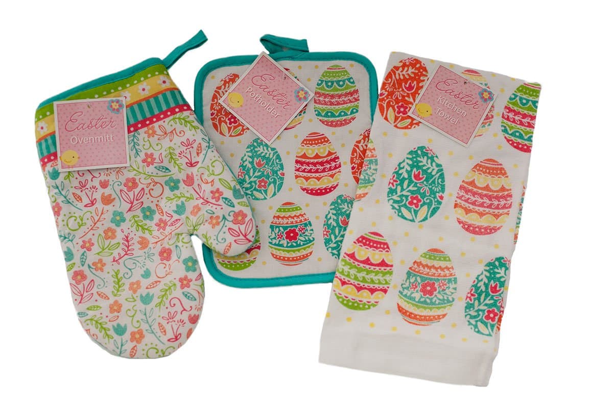 Easter and Spring Bundle of 3 Items - Oven Mit, Pot Holder, and Easter Kitchen Towel