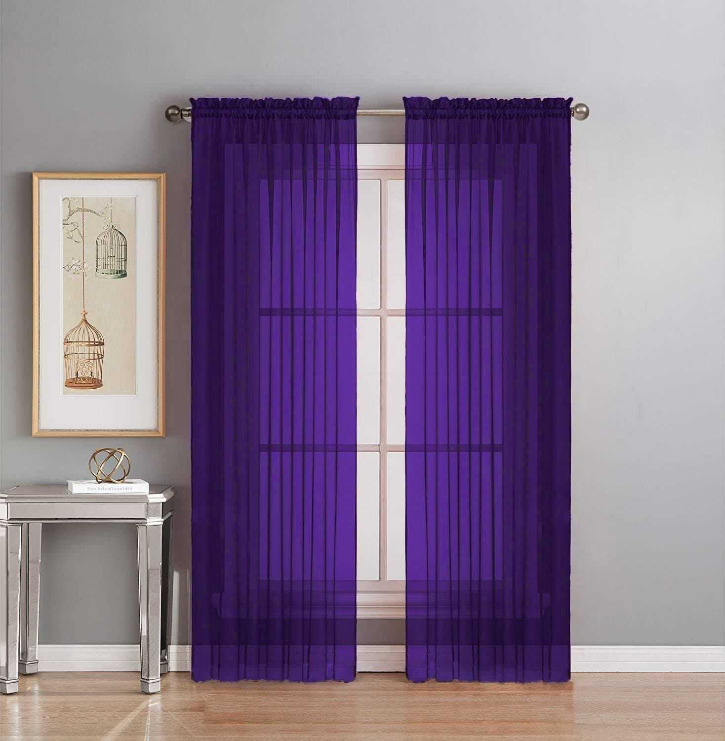 Interior Trends 2 Piece Fully Stitched Sheer Voile Window Panel Curtain Drape Set (95" Long, Purple)