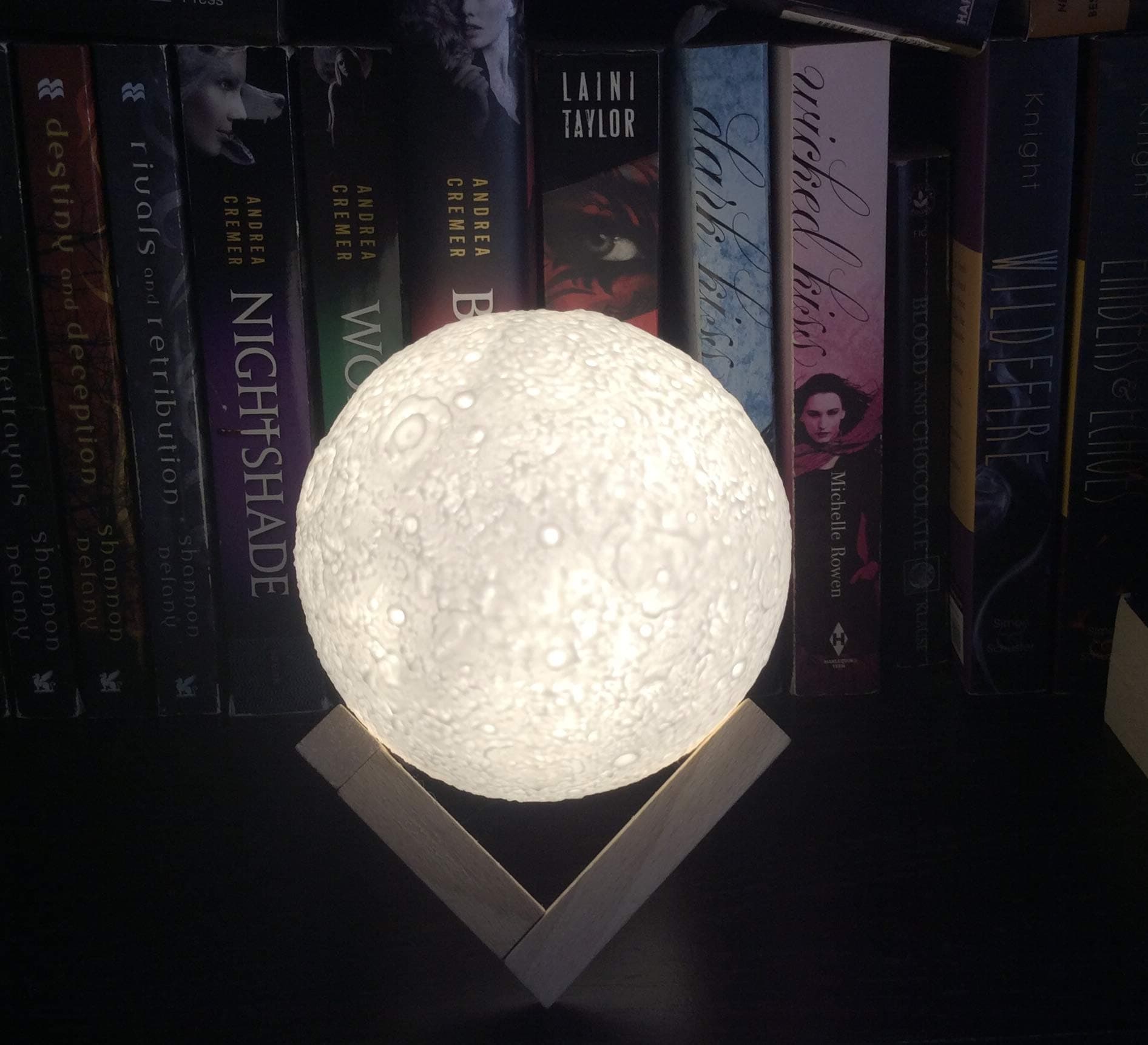 Moon Lamp Enchanting LED Lighting 3D Night Light 3 Adjustable Lunar Colors Touch Sensor USB Charging Table or Hanging Home Decoration with Wood Base for Nursery Kids Baby an Adults 5.1 in