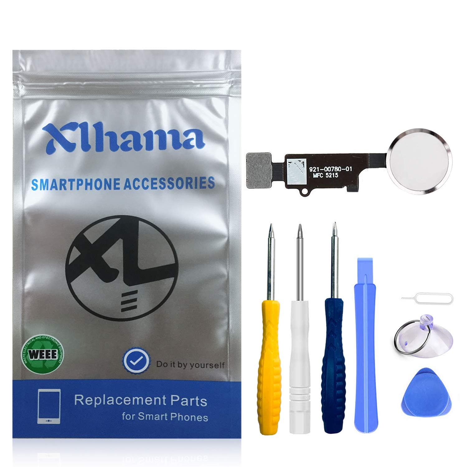 Xlhama Home Button Compatible for iPhone 6S/6S Plus (White) with Flex Cable Connector Metal Frame Protector Button and Rubber Seal Pre-Installed Repair Tool Kit Included