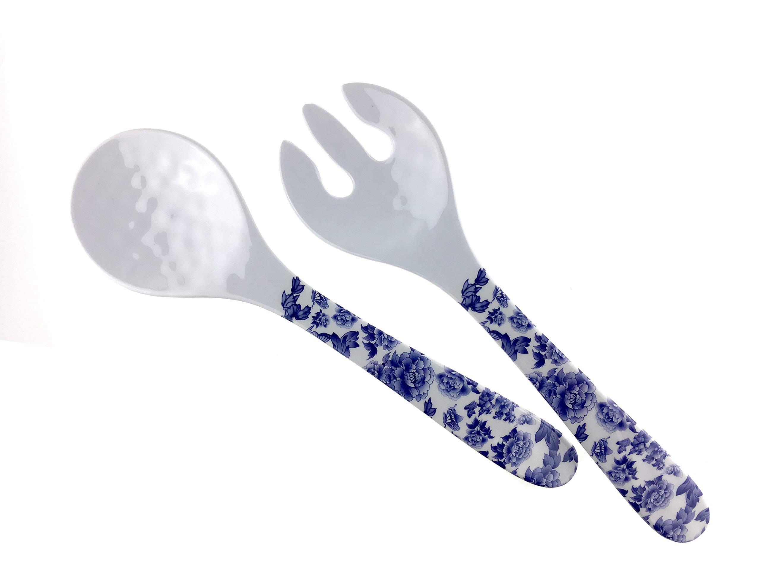 ARC, 6905F Salad Spoon and Fork Server Set, 2pc, 100% Melamine (Not Porcelain), FDA Safe, Elegant, Heavy Duty (White with blue floral design)