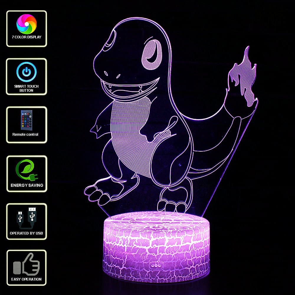 3D Illusion Night Light NHSUNRAY 7 Colors LED Touch Table Lamp with Remote Control for Kids Birthday Christmas Valentine's Day Gift (Charmander)